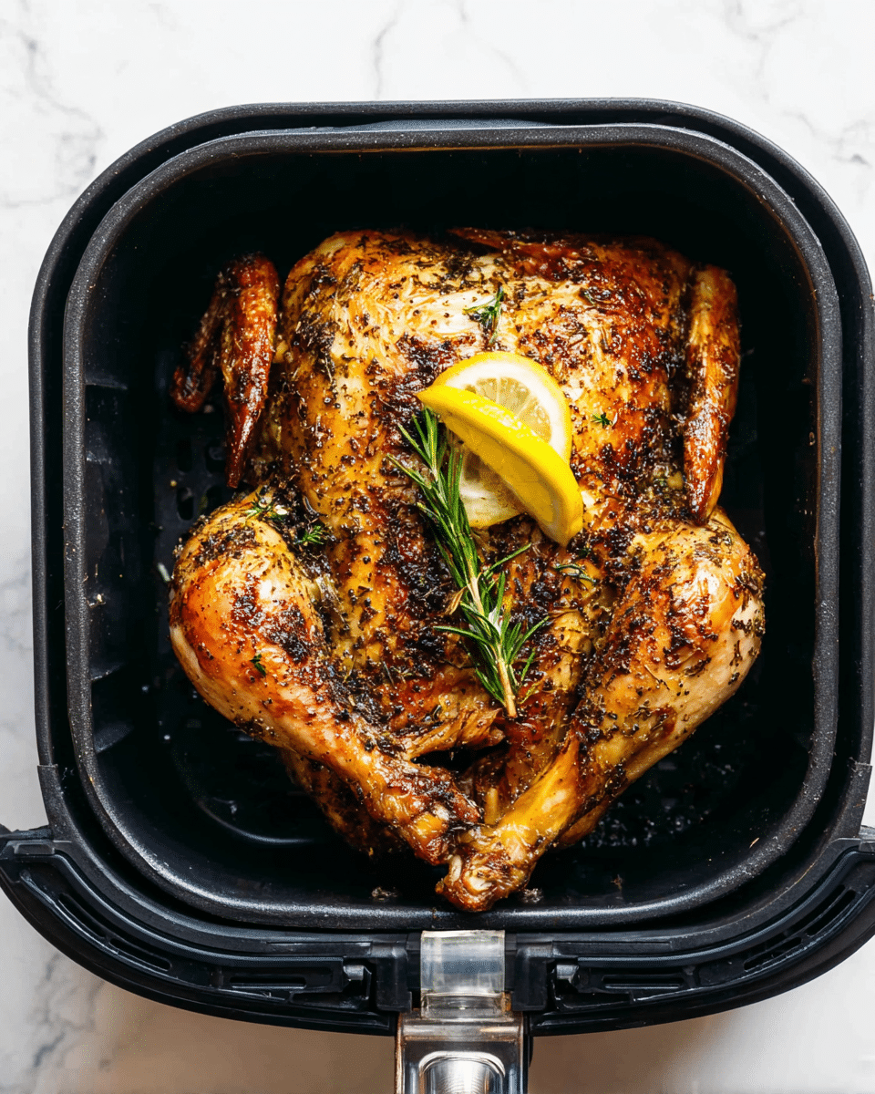 A whole roasted chicken with a crispy, golden brown skin covered in black pepper and herbs sits inside a black air fryer basket. The chicken is seasoned with dark specks of herbs and garnished on top with a thin, bright yellow lemon slice and a small green sprig of rosemary. The chicken’s wings and legs are spread open, showing a juicy, well-cooked texture. The air fryer basket has a silver metal handle at the bottom center, and the background is a white marbled surface. Photo taken with an iphone --ar 4:5 --v 7