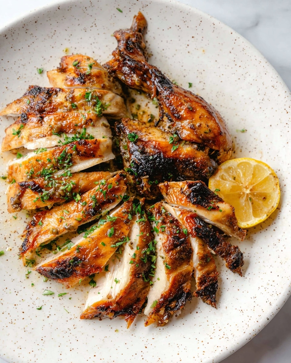 The dish shows a sliced roasted chicken arranged on a white speckled plate. The chicken has a golden-brown crispy skin with charred spots and a moist white interior. Pieces are layered close to each other, with a drumstick and wing on the side. Chopped green herbs are sprinkled over the chicken, adding color contrast. A lemon wedge with visible seeds is placed on the edge of the plate. The plate rests on a white marbled surface. photo taken with an iphone --ar 4:5 --v 7
