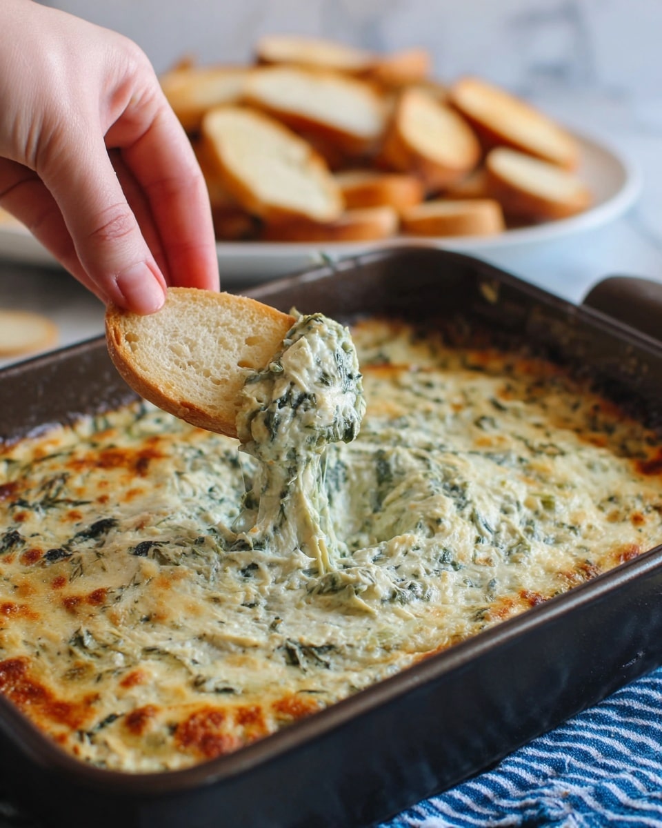 A close-up view of a dark baking pan filled with a creamy spinach artichoke dip showing a golden brown, slightly bubbly top layer with green flecks of spinach evenly spread throughout. A woman's hand is dipping a pale, porous toasted bread slice into the thick dip in the lower left corner. In the blurred background, a white plate holds more toasted bread slices on a white marbled surface with a blue striped cloth nearby. The overall image has warm lighting and a cozy feel. photo taken with an iphone --ar 4:5 --v 7