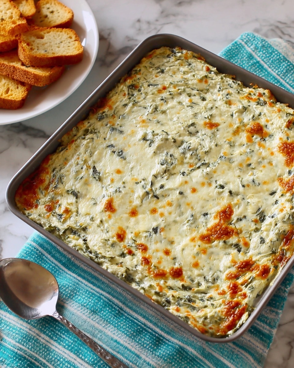 The image shows a baked spinach artichoke dip in a square metal baking pan, filled to the edges with a creamy texture that is light beige with green spinach bits spread evenly throughout. The top layer is melted cheese browned slightly in spots, giving it a golden and bubbly look with some darker toasted patches mainly around the edges. In the background, there is a white plate holding toasted bread slices tinted brown, lying on a striped teal and white cloth on a white marbled surface. A shiny silver spoon rests near the pan. Photo taken with an iphone --ar 4:5 --v 7