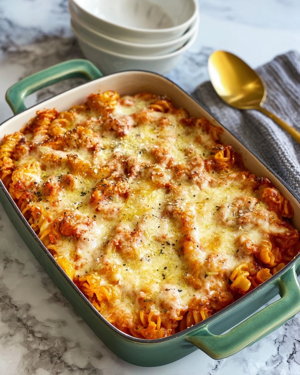 A close-up image of a baked pasta dish in a white square baking dish, featuring three main visible layers: the bottom layer made of short, ridged pasta in a vibrant orange-red tomato sauce, the middle layer is melted cheese with creamy white and light golden patches, and the top layer shows bubbly, slightly browned melted cheese with flecks of dried herbs sprinkled across. The pasta appears soft and well coated in sauce, with melted cheese stretching and blending into the sauce. The dish is placed on a white marbled surface with a blurred background showing a white bowl and silver utensils. Photo taken with an iphone --ar 4:5 --v 7