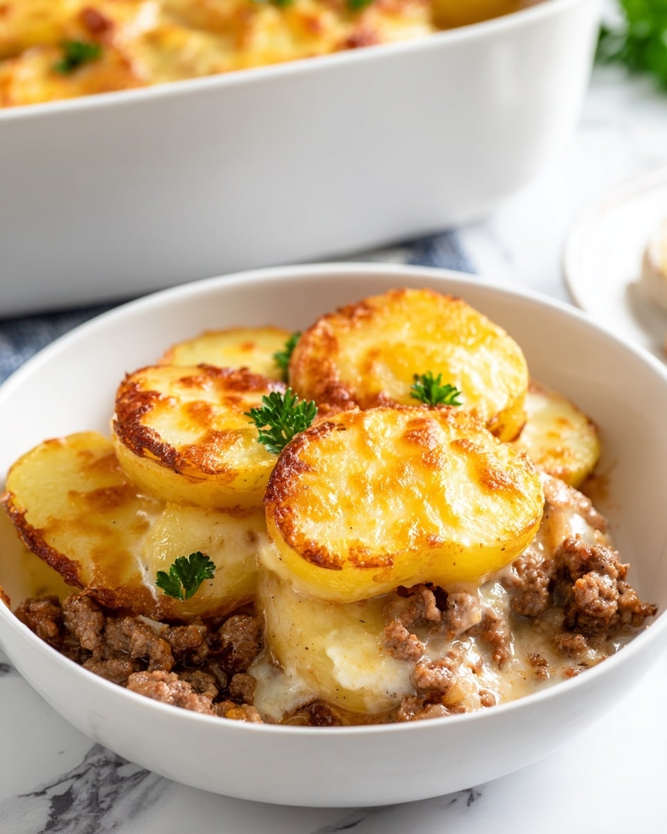 The dish shows a close-up of a white bowl filled with a layered potato and ground meat casserole. The top layer has golden brown, round potato slices with melted cheese that looks bubbly and slightly crispy. Below this, there is a mix of browned ground meat and a lighter creamy sauce, with some cheese melted into and between the meat and potatoes. The casserole is garnished with small green parsley leaves on top, adding color contrast. The bowl sits on a white marbled surface, and in the background, there is a white baking dish with more of the casserole visible. Photo taken with an iphone --ar 4:5 --v 7