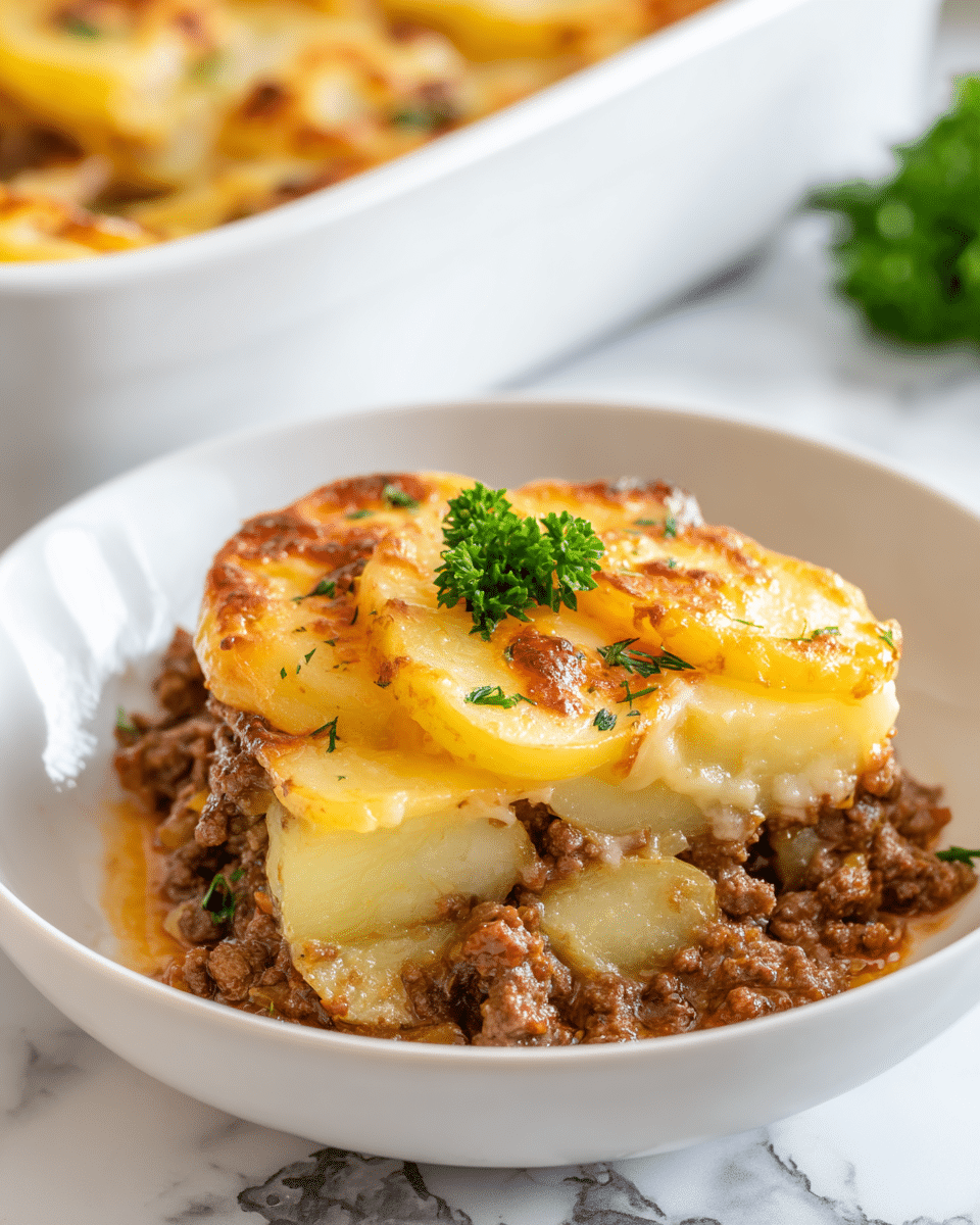 A close-up white bowl shows a layered dish with about three visible layers: the bottom layer is creamy melted sauce, the middle layer has well-cooked ground beef mixed with soft golden potato slices, and the top layer is golden brown potato slices with melted cheese baked to a slight crisp, sprinkled with small green parsley bits and a small sprig of parsley on top. The background is a white marbled surface with part of a white baking dish blurred behind. Photo taken with an iphone --ar 4:5 --v 7