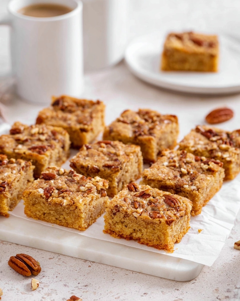 The image shows nine square blondie bars with a golden-brown color topped with small pieces of pecans scattered over the surface. Each blondie has a slightly crumbly texture and dense, soft layers visible from the side. They are neatly arranged on a white marble board lined with white parchment paper. In the background, there is a white plate holding one blondie bar and a white mug, all placed on a white marbled texture. Some whole pecans are scattered around the board. Photo taken with an iphone --ar 4:5 --v 7