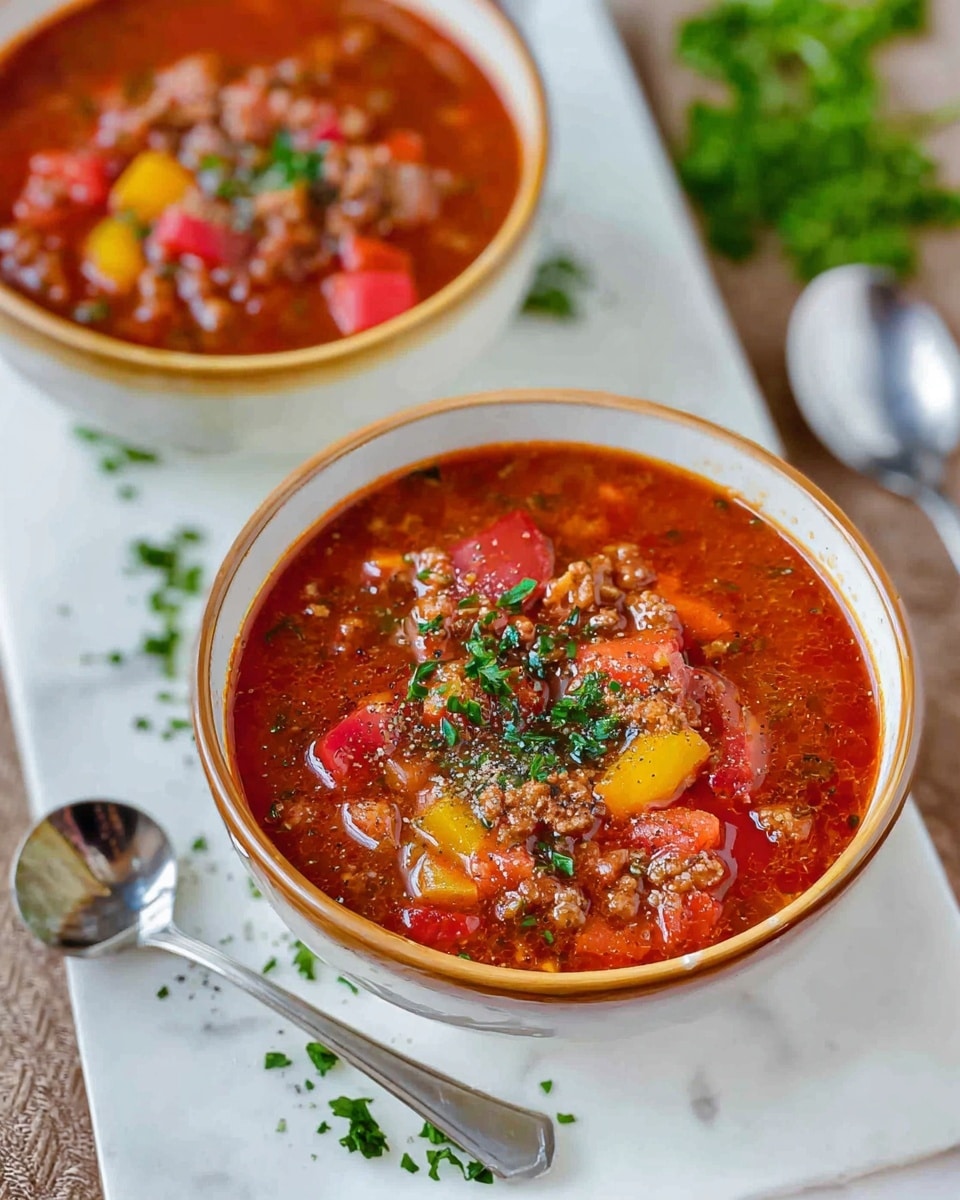 Two bowls of rich tomato-based soup with visible chunks of red and yellow bell peppers, minced meat, and finely chopped green herbs on top, placed on a white rectangular plate with a white marbled texture beneath. The soup appears thick and hearty, with a textured surface featuring small pieces of vegetables and meat, and a sprinkling of ground black pepper and fresh parsley adding green touches. Two silver spoons rest near the bowls, and scattered chopped herbs can be seen on the plate’s surface. Photo taken with an iphone --ar 4:5 --v 7