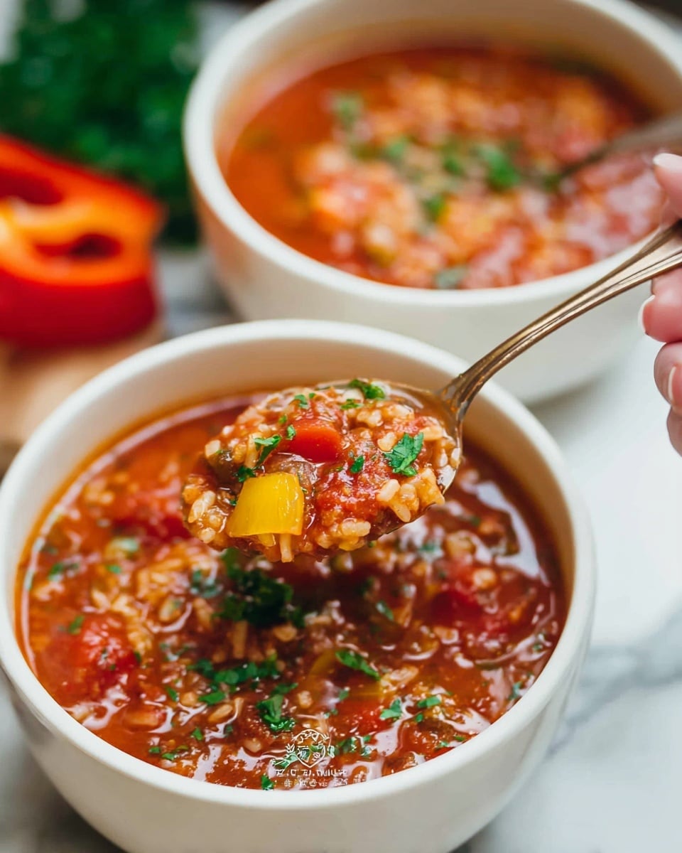 Two white bowls filled with thick tomato soup sit on a white marbled surface, each bowl showing a rich red base with chunks of tomato, rice, and pieces of yellow and red vegetables visible throughout. The soup's surface is garnished with small green herbs scattered on top, adding a fresh contrast to the warm tones. In the front bowl, a spoon held by a woman's hand lifts a hearty spoonful of the soup, showing its chunky texture and brightness with bits of rice, vegetables, and parsley clearly visible. The scene is bright and inviting, focused closely on the textures of the soup and the spoon's contents, with some green herbs and a sliced red bell pepper blurred in the background. photo taken with an iphone --ar 4:5 --v 7
