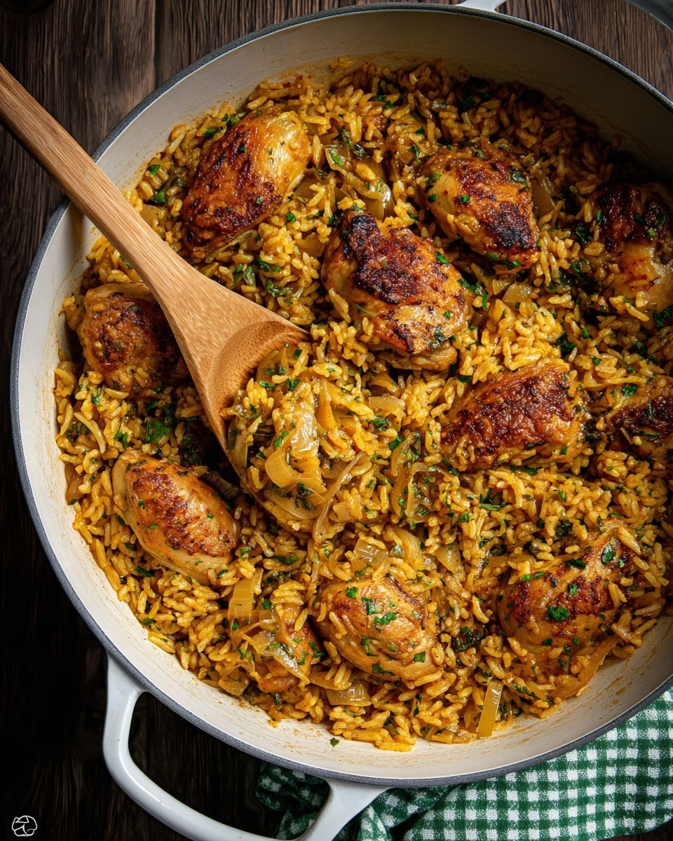 The image shows a large white pan filled with a cooked dish made of golden brown chicken pieces and yellowish-orange rice mixed with cooked translucent onions and green herb bits. The chicken pieces are spread evenly on top of the rice, which has a moist and slightly oily texture, making the grains stick together. A wooden spoon rests against the side of the pan, partially lifting some rice and chicken. The pan sits on a dark brown wooden surface with a green and white checkered cloth beneath one pan handle. The overall look is warm and hearty. photo taken with an iphone --ar 4:5 --v 7