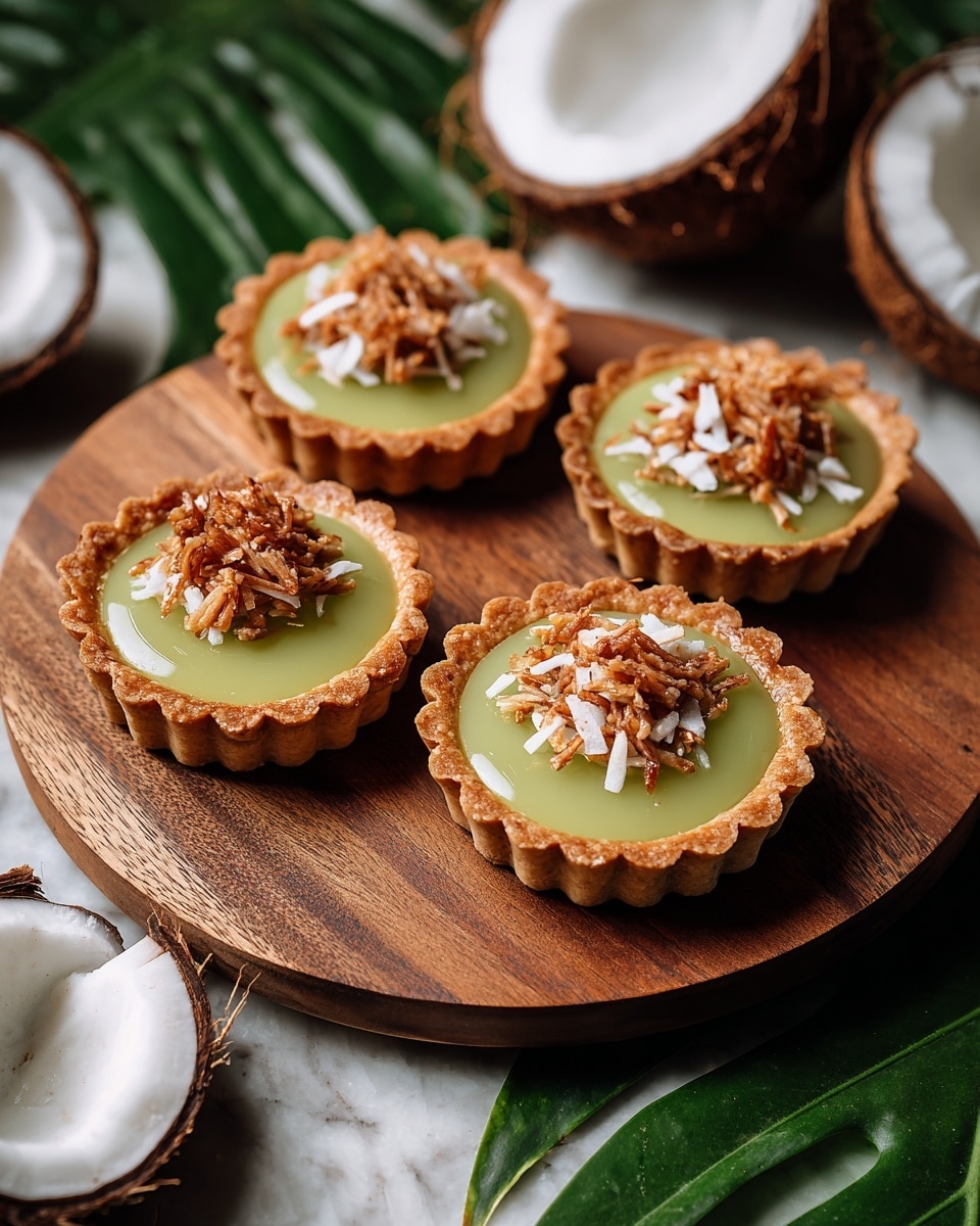 Four small tarts are placed on a round wooden tray. Each tart has a golden-brown crust with scalloped edges, filled with a smooth, shiny light green layer. On top of the green filling is a small cluster of toasted shredded coconut and rice grains, adding texture and a slightly browned contrast. The background shows a white marbled texture and large green leaves along with halved coconuts with white flesh and brown shells around the tray, creating a fresh and natural setting. photo taken with an iphone --ar 4:5 --v 7