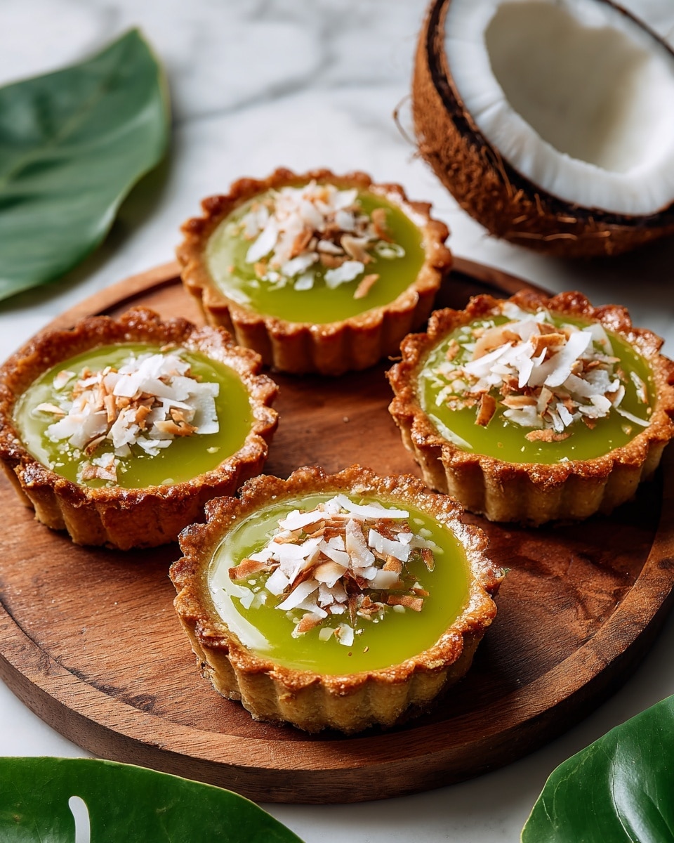 Four small tarts are placed on a round wooden tray, each tart showing three clear layers: a golden-brown, slightly crunchy crust forming the base and sides, a smooth, shiny bright green filling in the middle, and a topping of shredded toasted coconut mixed with small white grains piled in the center. The tarts' crusts have scalloped edges with even browning. The background features green leaves and halved coconuts with their rough brown outer shell and white inner flesh, all set on a white marbled texture. photo taken with an iphone --ar 4:5 --v 7