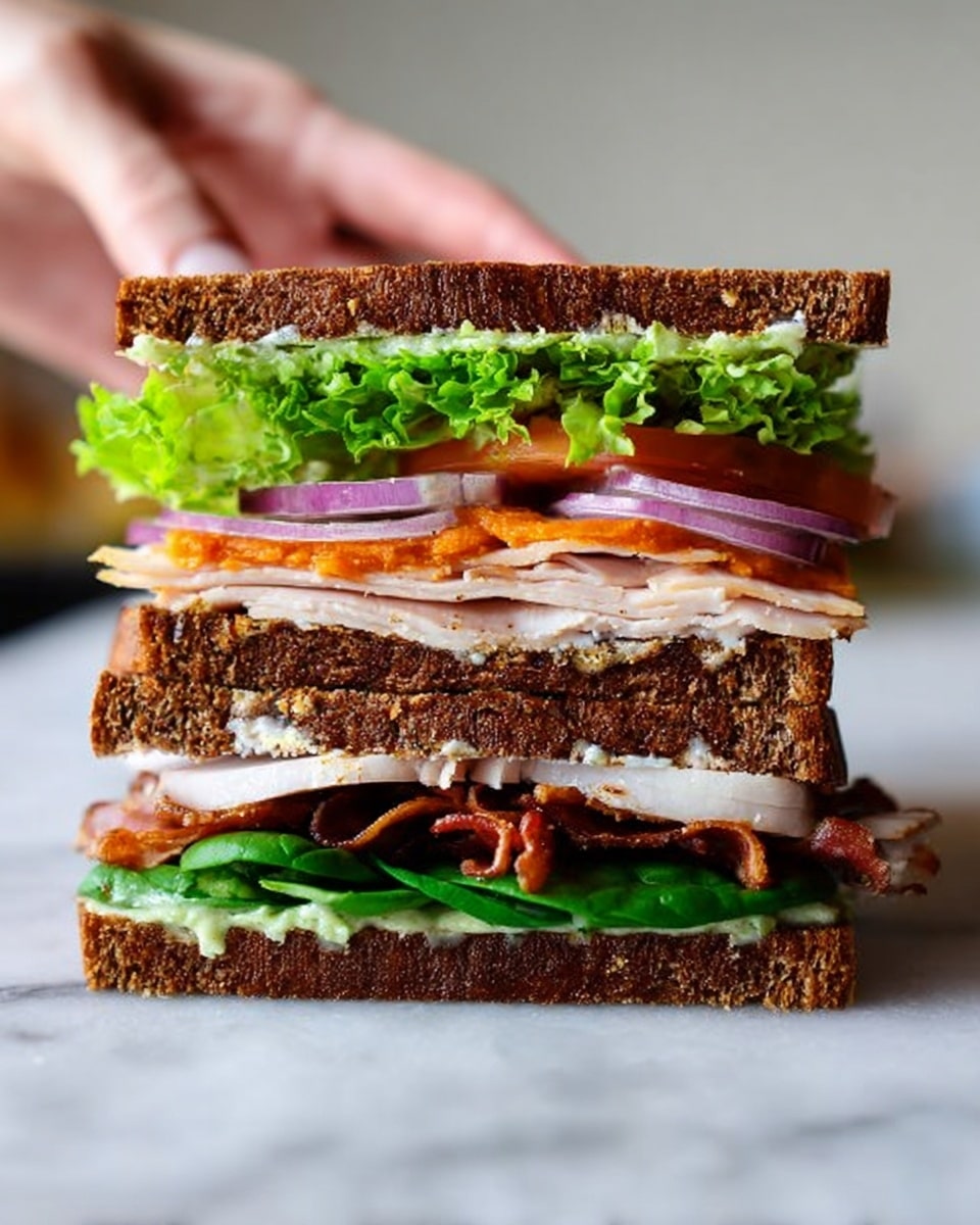 The image shows a tall sandwich held by a woman's hand from the top. The sandwich has four layers of dark brown bread. Starting from the bottom, the first layer contains green spinach leaves, thinly sliced red onions, and a light green spread. The second layer has a piece of bright green lettuce. The third layer is made of thin slices of turkey or chicken meat. The fourth layer contains another leaf of green lettuce, a few rings of white onion, crispy bacon strips, and a dollop of orange spread on top. The background and surface are white marble. photo taken with an iphone --ar 4:5 --v 7