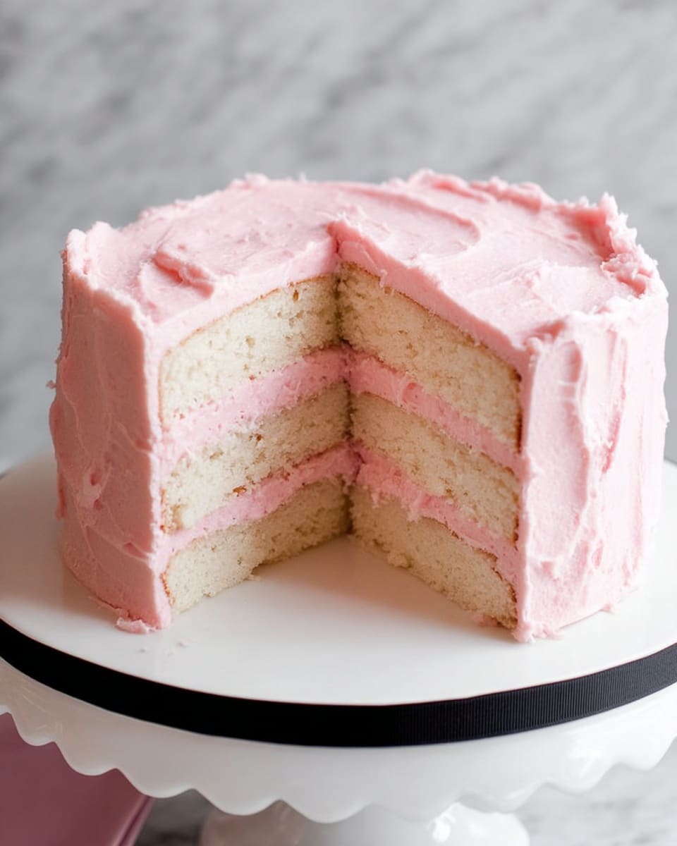 The image shows a three-layer cake with white sponge layers and two inner layers of light pink frosting. The cake is covered with a smooth, thick layer of pink frosting that has a slightly textured surface. It is placed on a white cake stand with black ribbon details along the base. One slice of the cake is removed, revealing the inside layers clearly. The background is a white marbled texture. photo taken with an iphone --ar 4:5 --v 7