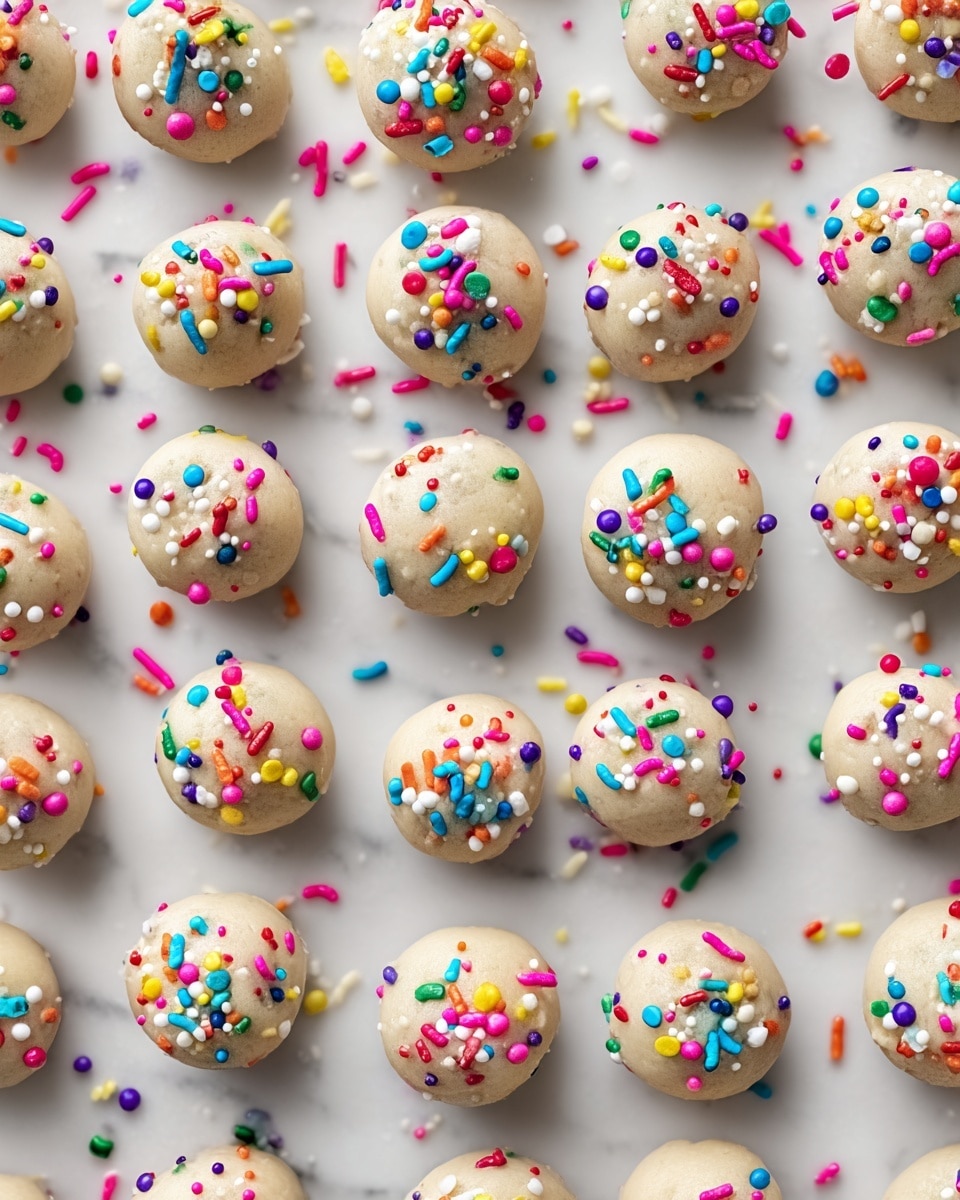 The image shows many small, round dough balls arranged in neat rows on a white marbled surface. Each ball is pale beige in color and covered with colorful sprinkles, including pink, blue, yellow, green, orange, purple, and white. The sprinkles vary in shape from tiny spheres to elongated rods, creating a playful and festive texture on the smooth dough. Some sprinkles are scattered loosely on the surface around the balls, adding to the lively and cheerful look. photo taken with an iphone --ar 4:5 --v 7