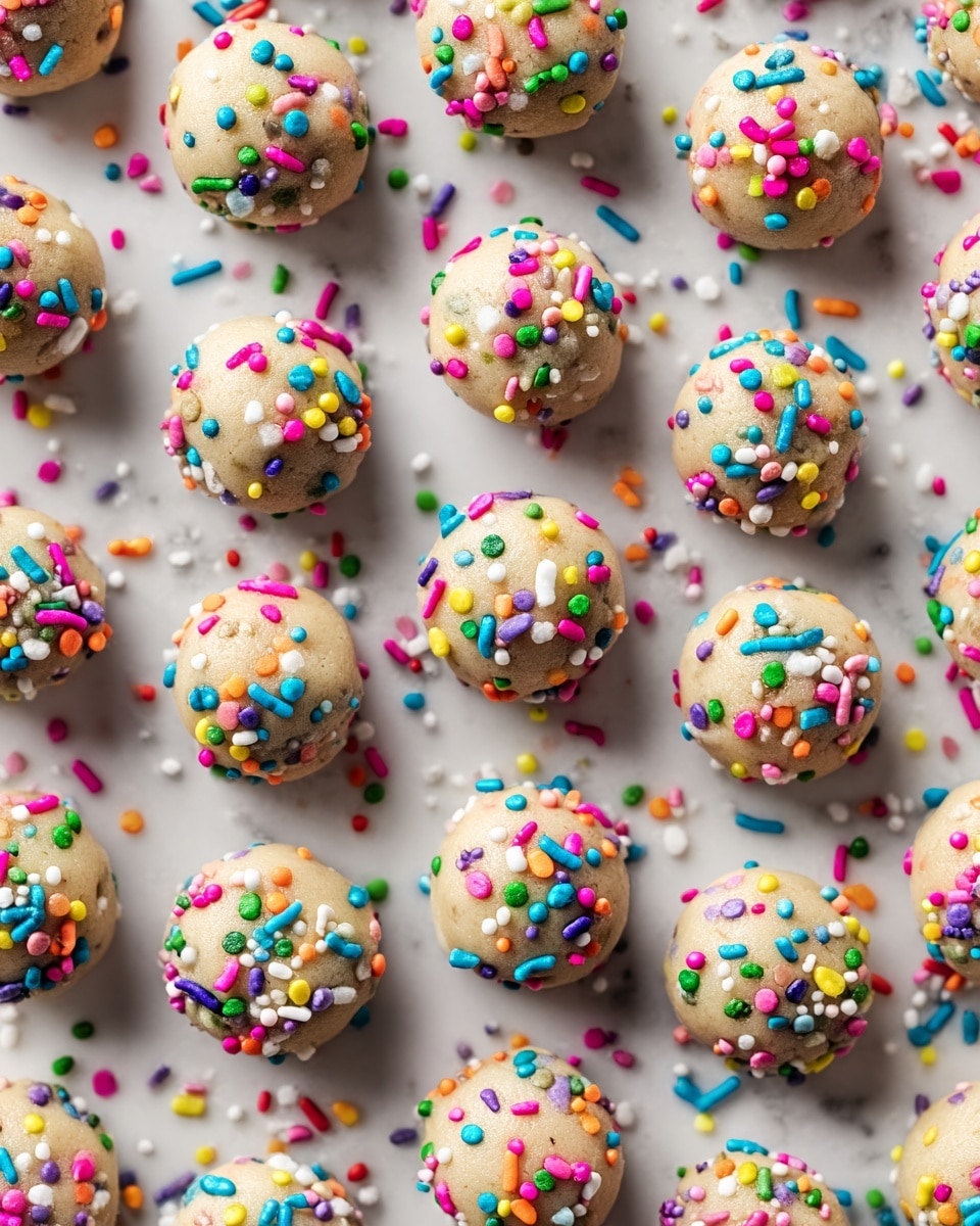 The image shows round, bite-sized cookie dough balls covered with colorful sprinkles, neatly arranged in rows on a white marbled surface. Each dough ball has a smooth, light beige texture and is densely coated with small, brightly colored round and elongated sprinkles in shades of pink, blue, green, yellow, orange, white, and purple. The sprinkles are scattered slightly around the dough balls on the surface, enhancing the playful and festive look of the scene. photo taken with an iphone --ar 4:5 --v 7