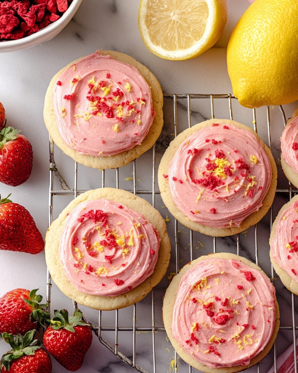 The image shows five round sugar cookies on a silver cooling rack over a white marbled surface. Each cookie has one thick layer of pink strawberry frosting spread in a circular pattern with a textured, slightly swirled look. The frosting is topped with small red crumbles and tiny pieces of yellow lemon zest scattered evenly. Around the cookies, there are fresh whole strawberries, a yellow lemon half with visible juicy segments, and a white bowl filled with dried strawberries. The overall scene is bright and colorful, highlighting the pink, red, yellow, and white tones. Photo taken with an iphone --ar 4:5 --v 7