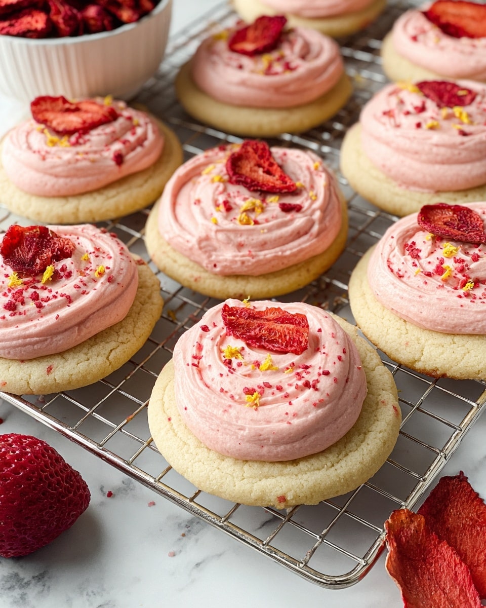 The image shows a batch of round sugar cookies on a silver wire cooling rack over a white marbled surface. Each cookie has two layers: a thick, light beige base with a soft texture and a thick swirl of pale pink frosting on top. The frosting is creamy with a slightly rough texture and decorated with small red bits and tiny yellow zest pieces scattered over it. Among the cookies, there are whole fresh red strawberries and dried strawberry slices adding pops of red color. In the corner, a white bowl filled with dried strawberries is partly visible. photo taken with an iphone --ar 4:5 --v 7