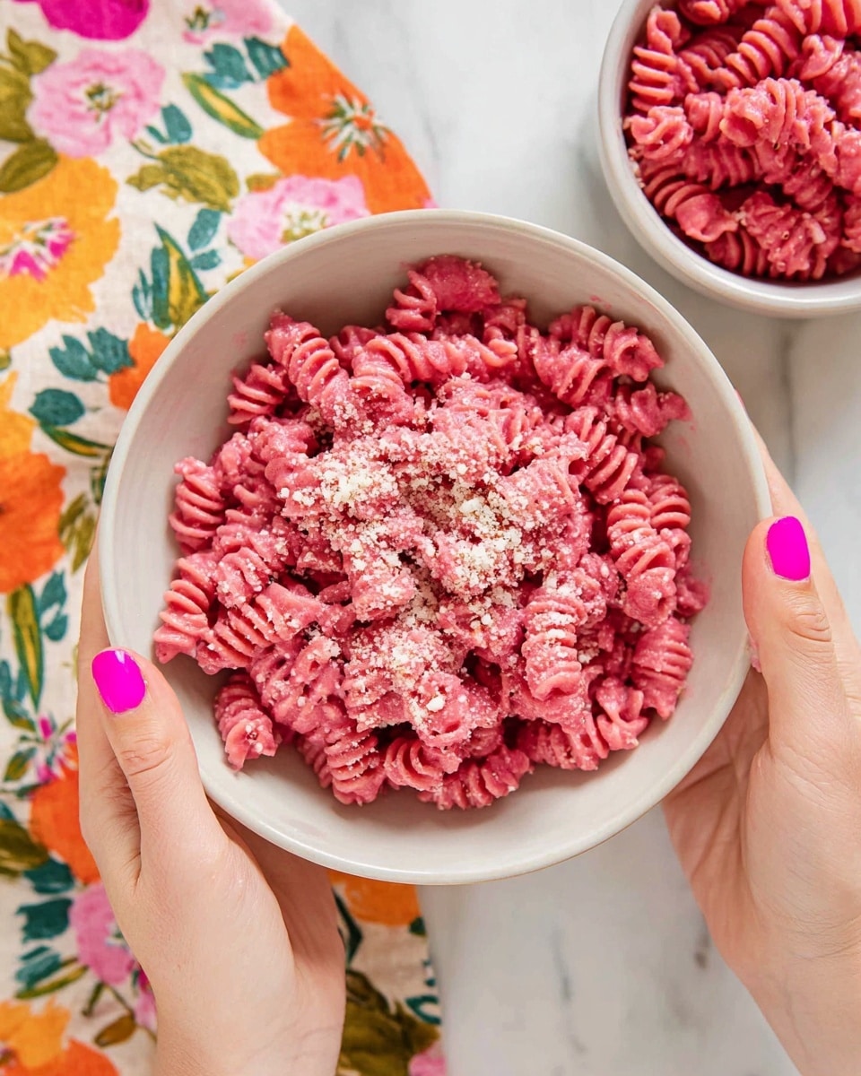 A white bowl filled with bright pink spiral pasta coated evenly in a thick sauce, sprinkled lightly with white grated cheese on top. The pasta has a soft texture with visible swirls. Two woman's hands with bright pink painted nails hold the bowl gently. In the background, there is a smaller white bowl with more of the same pink pasta, sitting on a white marbled surface. Part of a colorful floral cloth with orange, pink, and yellow flowers and green leaves is visible on the left side. photo taken with an iphone --ar 4:5 --v 7