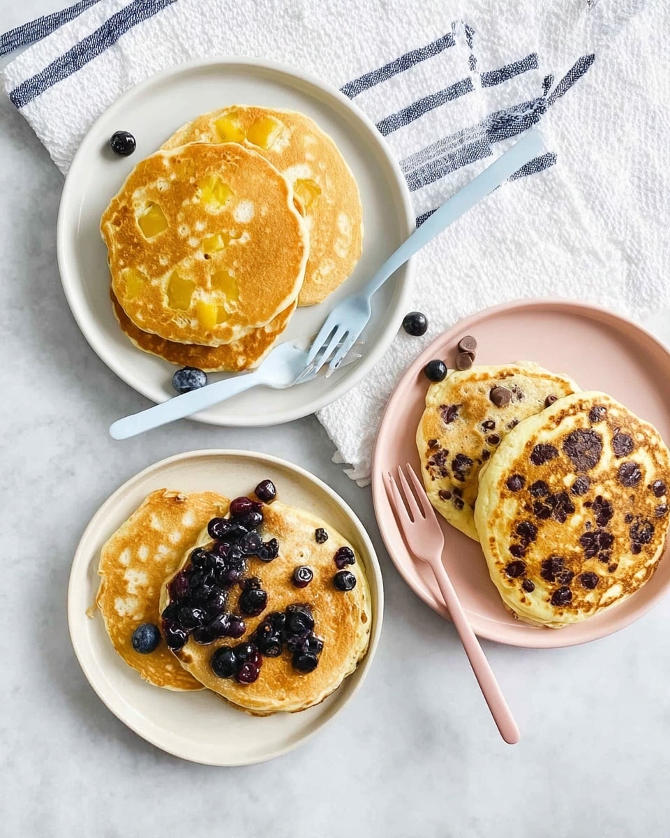 Three white plates each hold two pancakes with different toppings. The first plate on the left has a plain golden-brown pancake under a lighter pancake dotted with juicy dark blueberries. A white fork rests on this plate. The plate at the top has two golden pancakes with chunks of yellow fruit baked inside, and a soft light blue fork is placed on it. The plate on the right holds two pancakes; one is light with pieces of fruit, and the other is golden brown with many dark chocolate chips, with a pale pink fork beside them. All plates are on a white marbled surface with a white cloth showing blue stripes nearby. Photo taken with an iphone --ar 4:5 --v 7