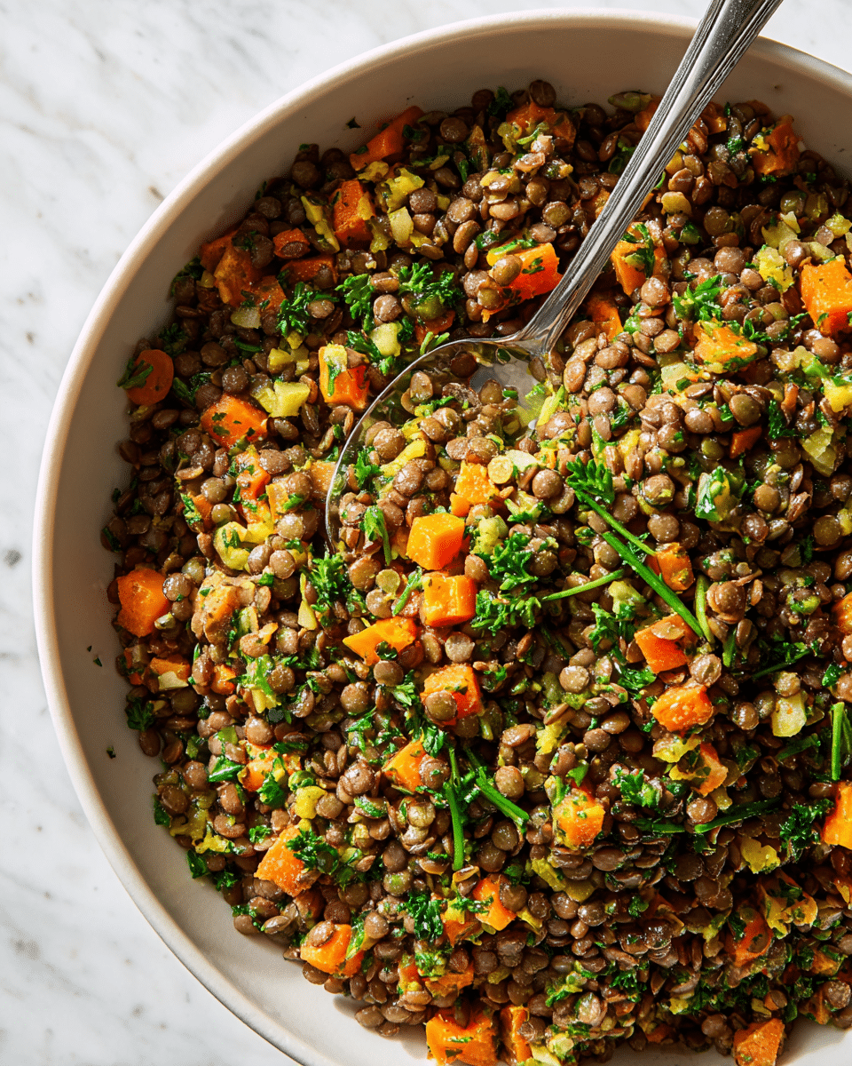 A close-up view of a white bowl filled with a lentil salad showing three main layers: the bottom layer is a mix of small green lentils, the middle layer has chopped orange carrot pieces and small yellowish bits, and the top layer contains fresh green herbs like parsley and chives, all mixed together giving a textured and colorful look. A silver spoon sits inside the bowl, partially covered by the lentils and vegetables, all placed on a white marbled surface. photo taken with an iphone --ar 4:5 --v 7