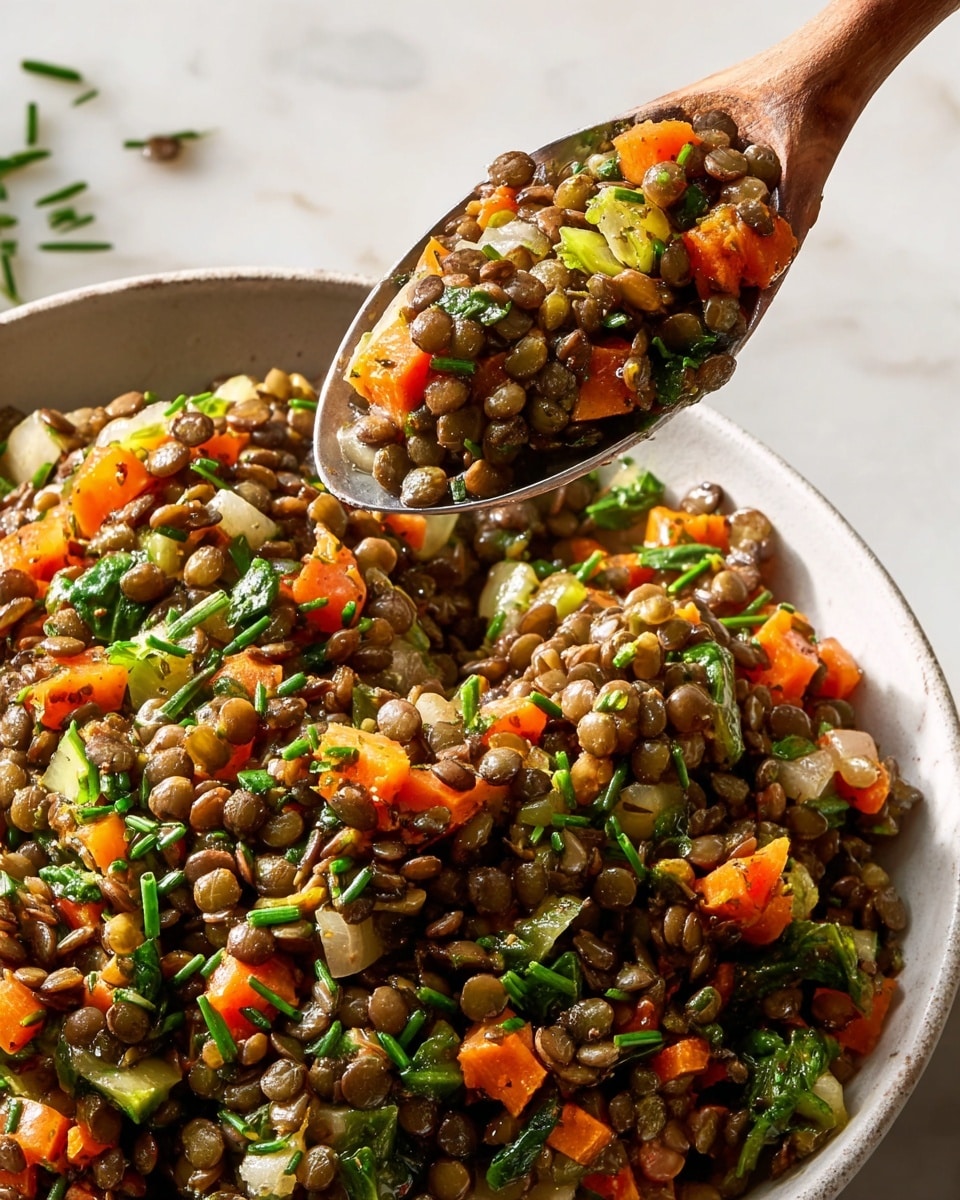The image shows a close-up of a white bowl filled with a lentil salad. The dish has one main layer consisting of dark brown lentils mixed with small pieces of orange carrots, light green celery, onions, and fresh green herbs like spinach and chopped chives. The lentils and vegetables are evenly mixed giving a textured look with vibrant natural colors. Above the bowl, a spoon holds a generous scoop of the lentil salad, showing the mixture’s moist and fresh texture. The setting is on a white marbled surface and the lighting highlights the fresh ingredients clearly. Photo taken with an iphone --ar 4:5 --v 7