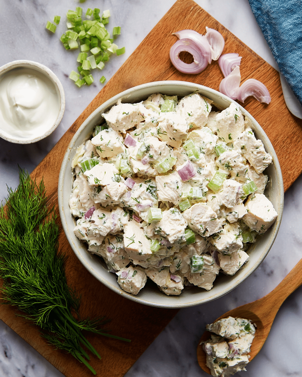 The image shows a white bowl filled with creamy chicken salad that has three visible layers: large white chunks of cooked chicken mixed with finely chopped light green celery, small pieces of light purple shallots, and creamy white dressing dotted with green herbs. Around the bowl, on a wooden board to the left, there are fresh green dill sprigs and chopped shallots. A small white bowl with white cream is visible above the board, and a wooden spoon with some of the creamy chicken salad rests to the right. The background is a white marbled texture. photo taken with an iphone --ar 4:5 --v 7