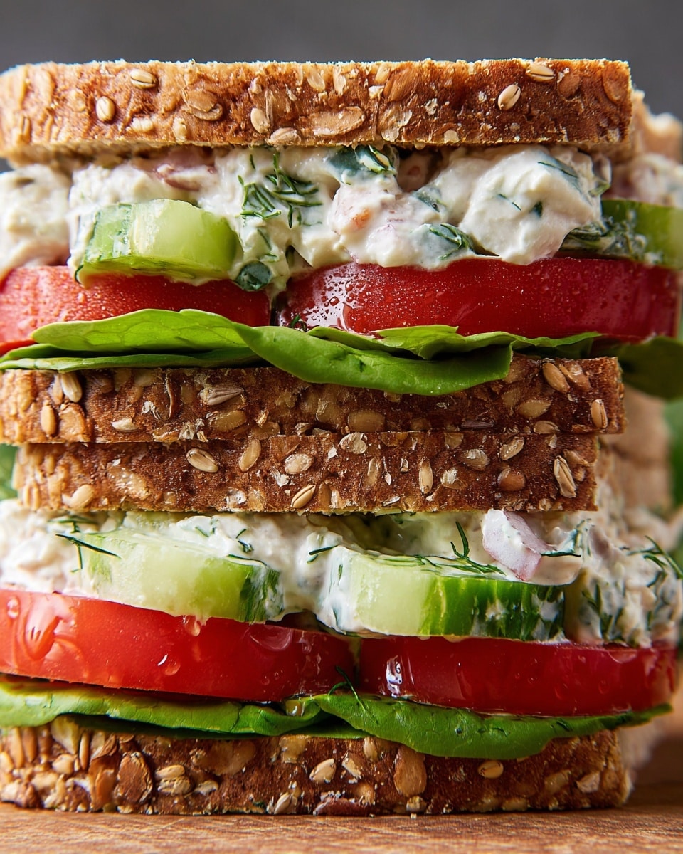 The image shows a close-up of a sandwich with two slices of seeded whole grain bread that has visible seeds and a brown color. The sandwich has three main layers between the bread: the bottom layer is fresh green lettuce, the middle layer is thick red tomato slices with drops of moisture, and the top layer is a creamy white salad with chunks of cucumber and herbs mixed in. The sandwich is tightly packed and the ingredients are fresh and colorful. The photo is taken with an iphone --ar 4:5 --v 7