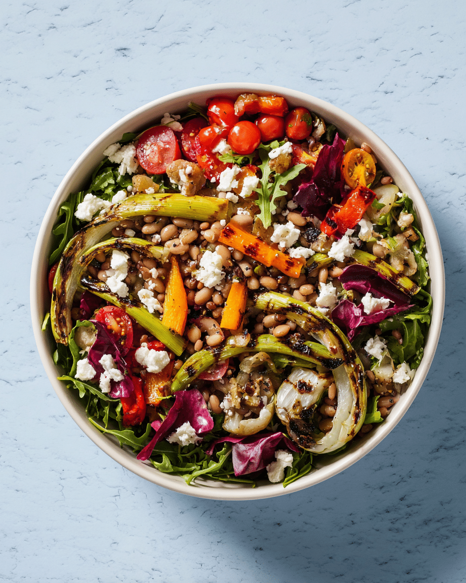 A white bowl filled with a colorful mixed salad, showing multiple layers of ingredients. The bottom layer is a mix of green arugula leaves and some purple radicchio leaves scattered throughout. On top of the greens, there are small white beans and chunks of bright orange carrot strips evenly placed. Roasted round slices of green leek with dark char marks are visibly scattered across the salad. Bright red bell pepper pieces and halved cherry tomatoes add more color near the top. Small crumble pieces of white cheese are sprinkled over the whole salad, giving it texture. The bowl is placed on a white marbled surface. Photo taken with an iphone --ar 4:5 --v 7