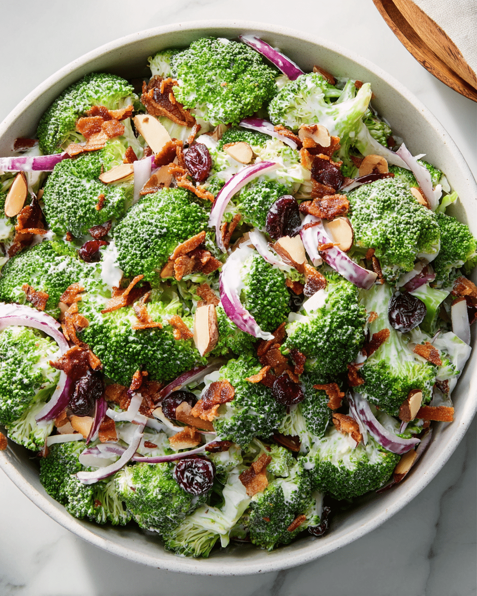 A close-up view of a white bowl full of fresh broccoli salad showing multiple layers. The base layer is bright green broccoli florets with a rough texture and small stems. Among the broccoli, thin slices of purple-red onion add a pop of color and thin white cabbage strips add crunch. Scattered on top are small pieces of crispy brown bacon, light beige almond slices, dark red dried cranberries, and thin crispy fried onion strips. A creamy white dressing is drizzled unevenly over the salad, creating soft patches of white on the green broccoli. The bowl is placed on a white marbled surface with bright, natural lighting. photo taken with an iphone --ar 4:5 --v 7