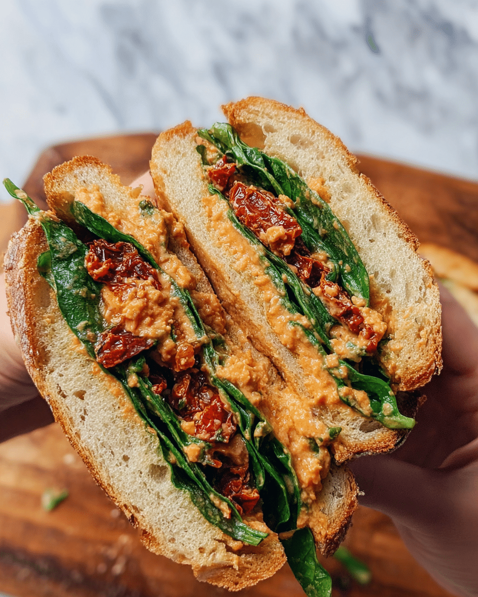 A close-up view of a sandwich cut in half, held by a woman's hand, showing three layers: the outer layer is light toasted bread with a golden crust, the middle layer has bright green leafy spinach or lettuce, and mixed in are sun-dried tomatoes with a rich reddish color, all coated with a creamy, slightly orange spread that looks cheesy or spicy. The background is a blurred wooden surface, turning into a white marbled texture. photo taken with an iphone --ar 4:5 --v 7