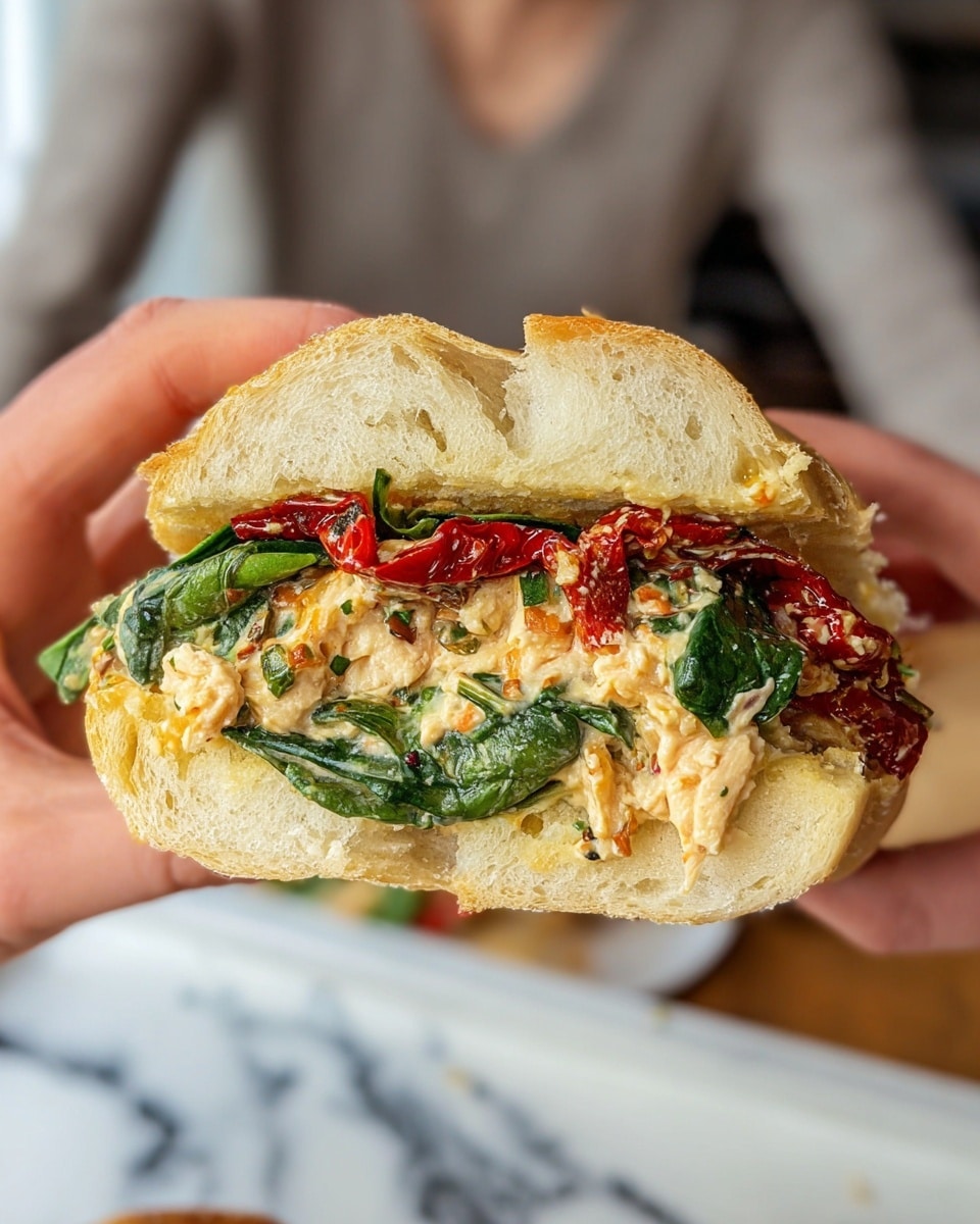 A close-up of a sandwich held by a woman's hand, showing two layers inside a soft, slightly toasted bread roll. The first layer is green leafy spinach with a fresh, slightly wet texture, topped with a spread of creamy chicken mixture with bits of red tomatoes and herbs. The top layer shows roasted red peppers adding a deep red color and slight shine. The bread is light golden with a fluffy texture inside. In the background, there is a blurred view of a person and a white marbled surface. Photo taken with an iphone --ar 4:5 --v 7