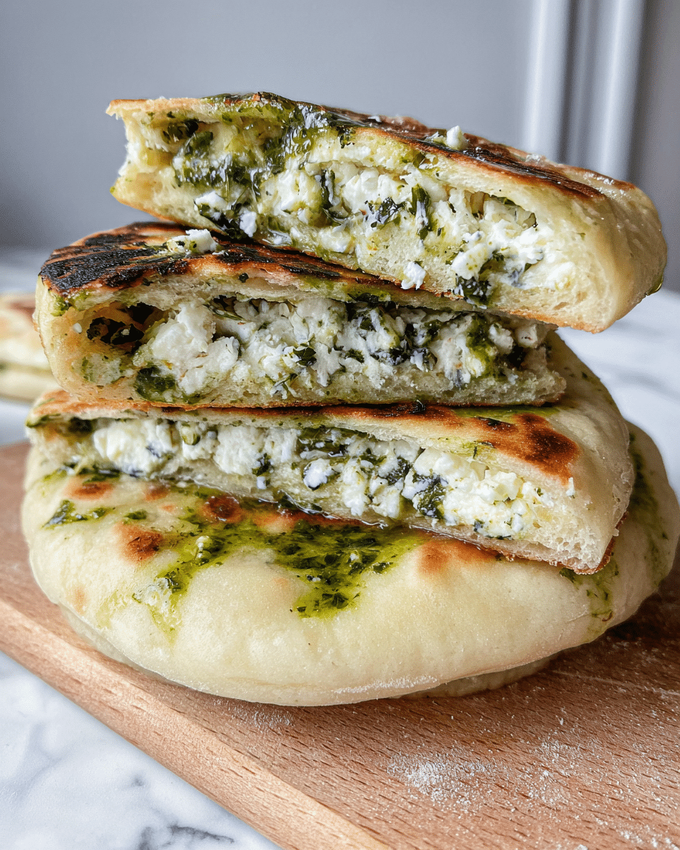 The image shows a stack of three flatbreads on a wooden board with a white marbled surface background. The bottom two flatbreads are whole, light golden-brown in color with a soft, slightly puffy texture and drizzled with a green herb sauce. On top are two halves of a flatbread with thick layers, showing the inside filled with crumbly white cheese mixed with chopped green herbs, contrasting with the golden-browned cooked dough edges. The top pieces show a close texture of soft bread and moist cheese filling with visible green herb bits. Photo taken with an iphone --ar 4:5 --v 7