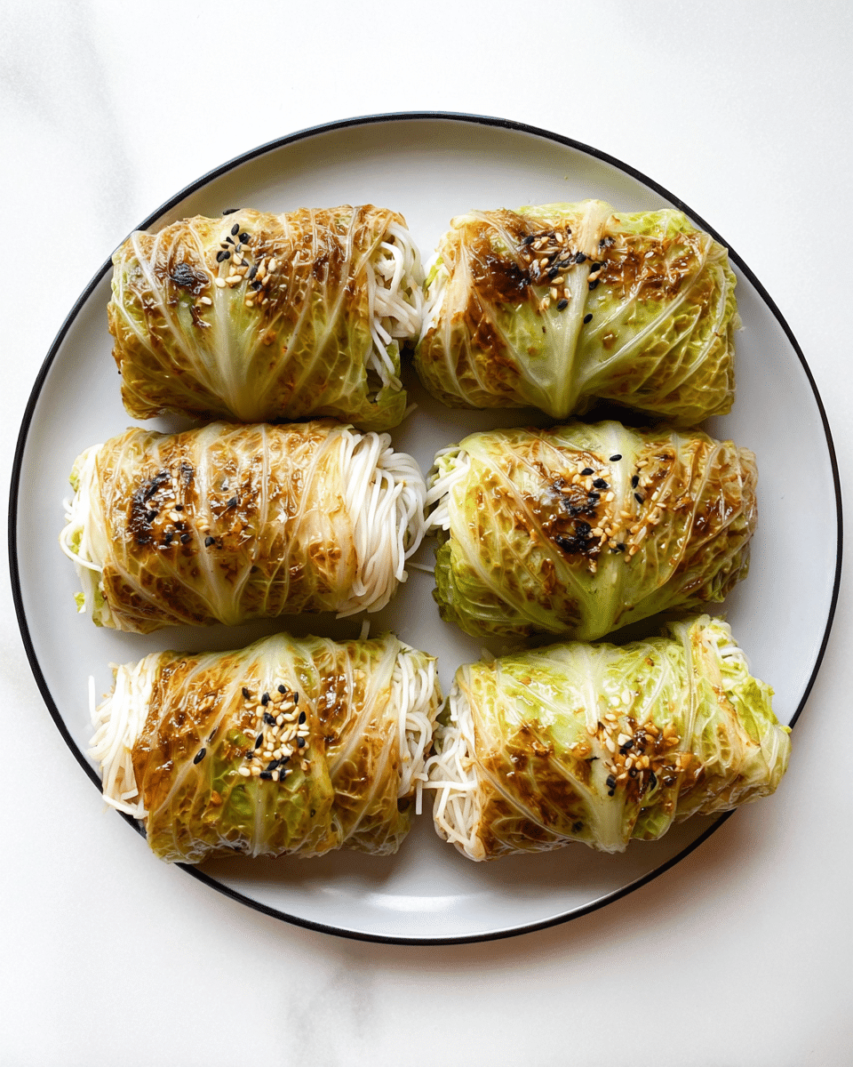 The image shows six rolled cabbage wraps placed neatly on a white plate, arranged in two rows of three. Each wrap has a glossy, slightly browned outer cabbage leaf layer with a mix of light green and caramel color from grilling or roasting. Inside, thin white noodles peek out from the ends, adding texture and contrast. Small black seeds are sprinkled on top, giving a touch of detail and flavor. The whole scene is set on a white marbled surface, highlighting the colors and textures of the dish. Photo taken with an iphone --ar 4:5 --v 7