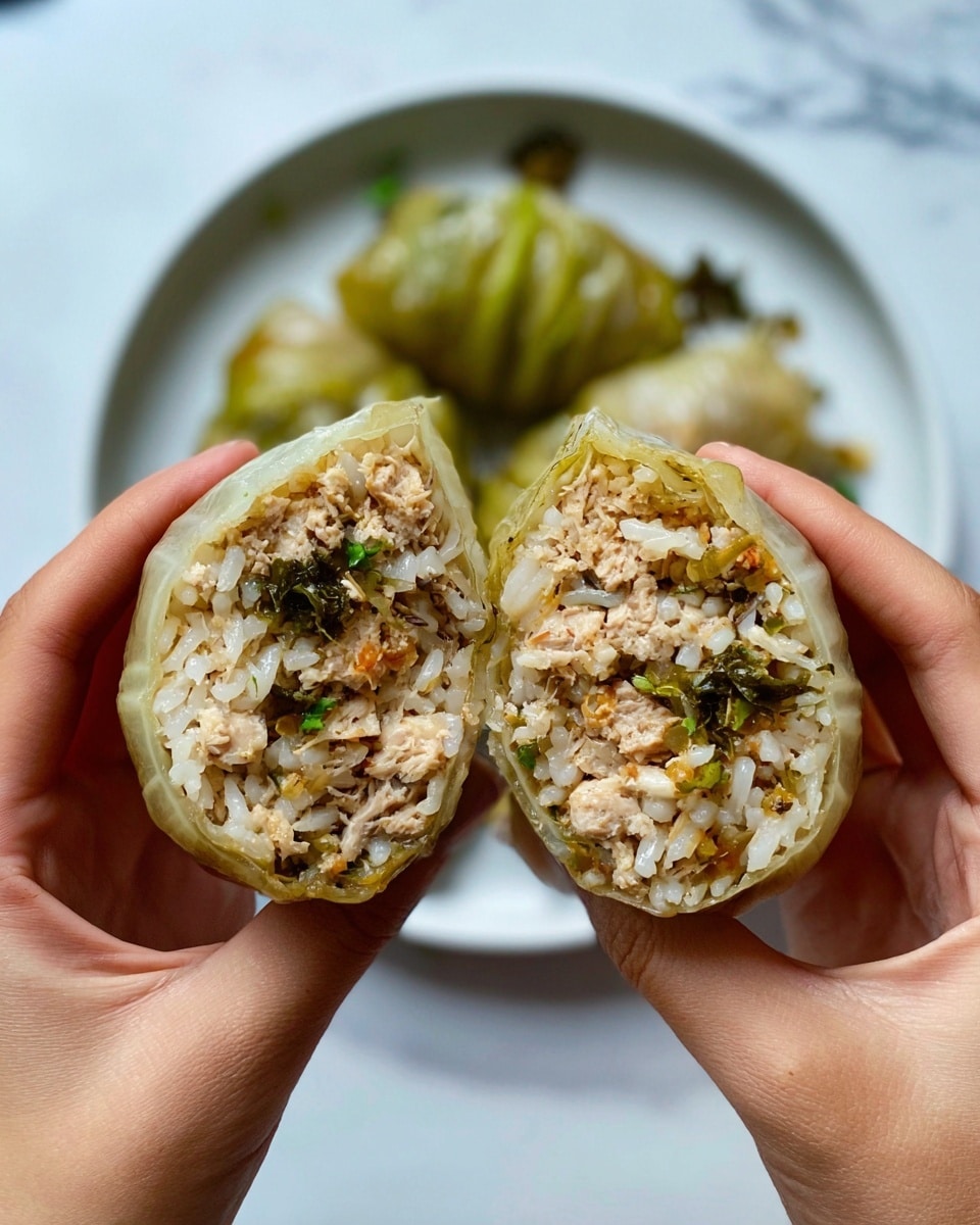 A close-up view of a dish being held by two woman's hands, showing two halves of a stuffed vegetable with layers inside. The outer layer is a pale green, translucent vegetable skin wrapped around a filling that includes white rice grains, light beige finely minced meat or tofu, and small green leafy herbs mixed in. The texture inside looks soft and slightly crumbly with some moisture visible. In the background, there is a white plate with more stuffed vegetables on a white marbled surface. Photo taken with an iphone --ar 4:5 --v 7