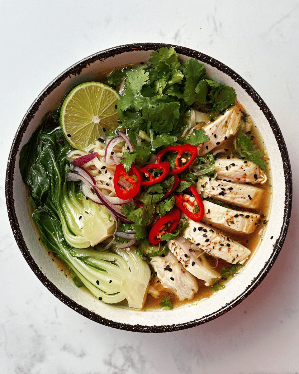 A bowl of soup with clear broth forms the base, filled with flat white noodles at the bottom. On one side, there are several slices of tender white chicken breast arranged in a neat row. Around the chicken and noodles, bright green bok choy leaves and stalks add freshness, while thin rings of red chili pepper and light purple onion slices lay scattered on top. A wedge of fresh lime sits near the top edge, and a bunch of green cilantro leaves is placed in the middle. Black sesame seeds are sprinkled across the dish, adding contrast to the colors. The bowl is white with a rough, dark rim, all set on a white marbled surface. photo taken with an iphone --ar 4:5 --v 7