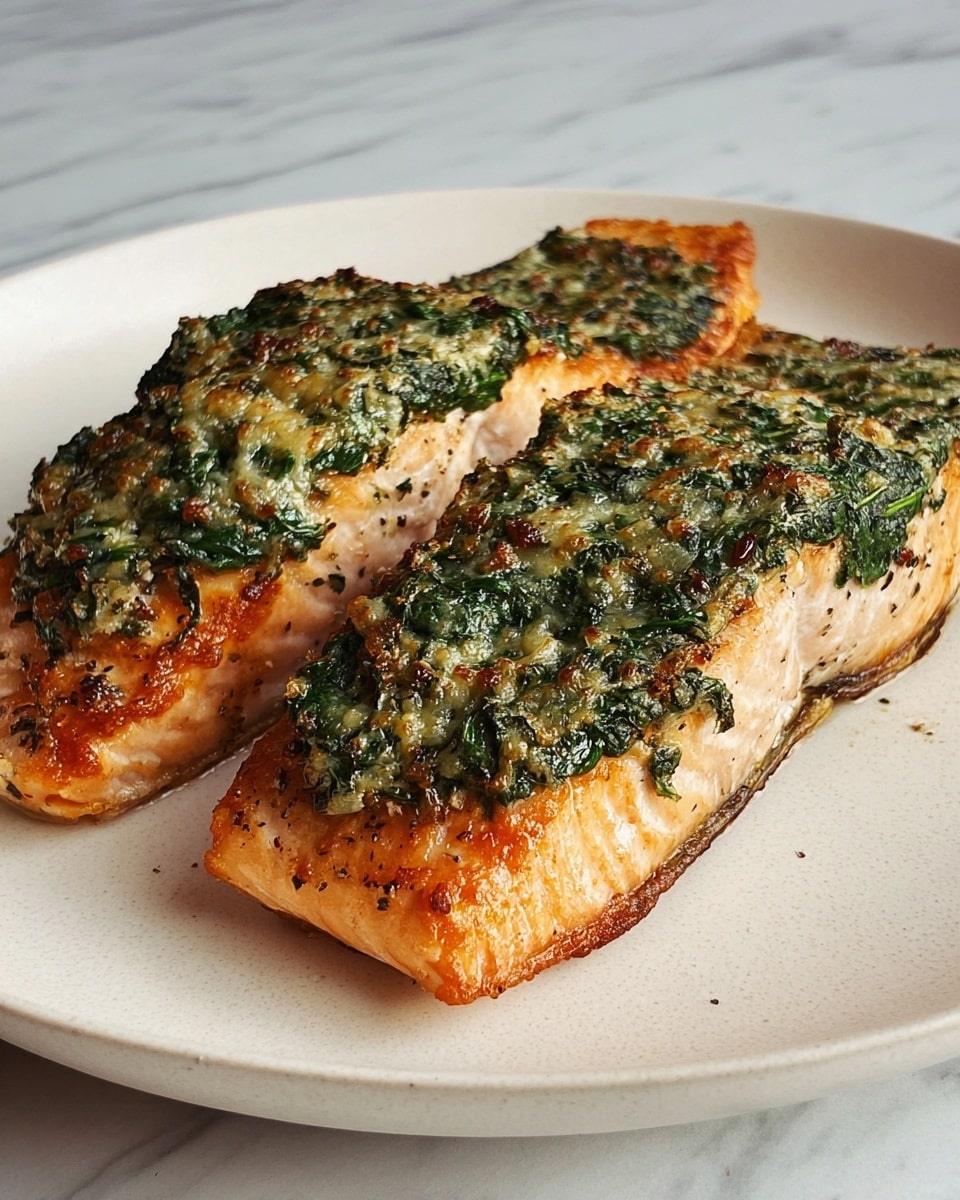 Two cooked salmon fillets rest on a white plate with a light brown edge, placed on a white marbled surface. Each fillet has a thick green herb and cream topping that looks browned and textured with bits of leafy spinach and melted cheese. The salmon beneath is pink and slightly glazed with a cooked, flaky appearance. A golden fork pricks the nearest fillet, showing the soft layers inside as the fish flakes apart gently. photo taken with an iphone --ar 4:5 --v 7