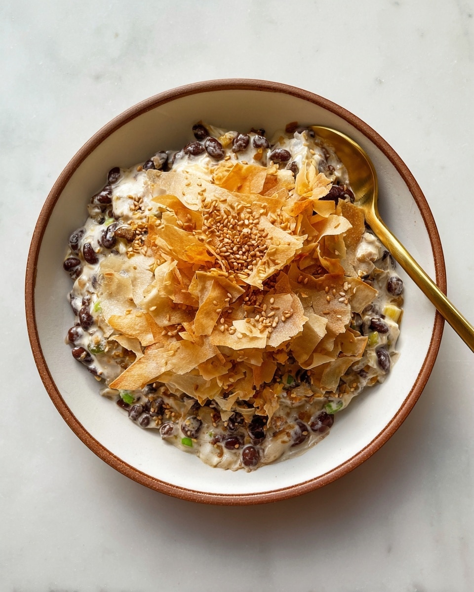 A white shallow bowl with a brown rim holds a layered dish with three main layers. The bottom layer is creamy with small dark beans mixed in and some visible pieces of green vegetable. The middle layer consists of torn thin, pale sheets that look soft and slightly wet. The top layer has crisp, golden-brown toasted flakes, sprinkled with small sesame seeds. A golden spoon rests on the right side inside the bowl. The background is a white marbled texture. photo taken with an iphone --ar 4:5 --v 7