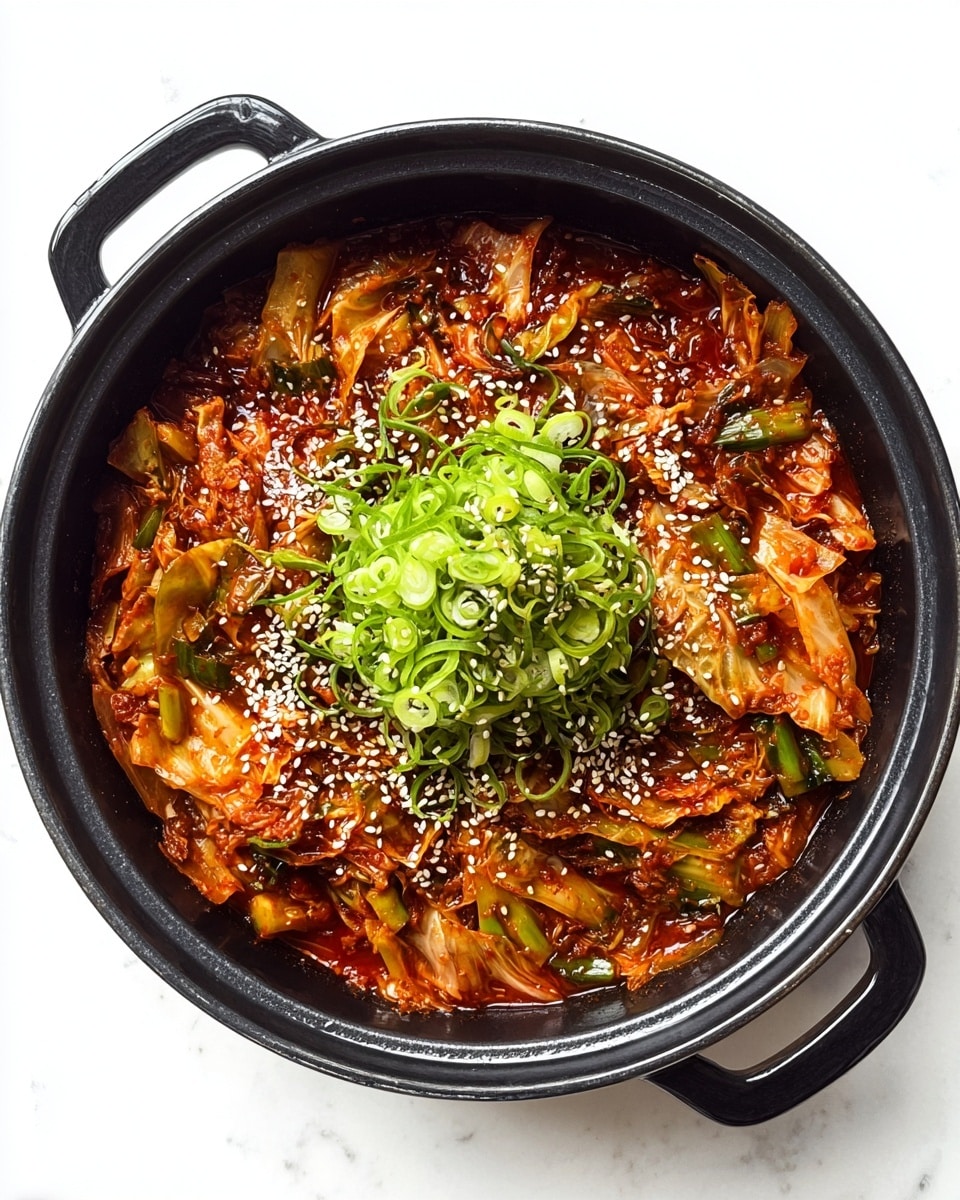 A black pot filled with a spicy red sauce mixed with thin, wide strips of cooked cabbage and pieces of green vegetables, possibly green onions or leeks, all coated in the sauce with a shiny texture. On top, there is a small mound of fresh, bright green sliced scallions with a fresh crisp appearance, sprinkled with white sesame seeds over the whole dish. The pot rests on a white marbled surface, with a clear view of the black handles on each side. Steam rises slightly from the hot food, adding a sense of warmth and freshness. photo taken with an iphone --ar 4:5 --v 7
