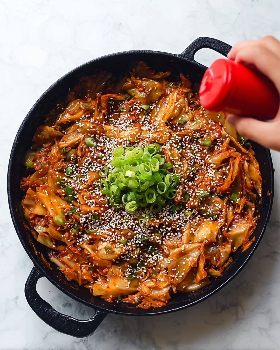 A black cast iron pan filled with a steaming dish of reddish-orange cooked cabbage and green onion pieces mixed in a thick sauce, sprinkled generously with white sesame seeds all over. In the center, a small pile of bright green sliced scallions adds freshness and contrast. A woman’s hand is seen holding a red sesame seed container just above the pan, shaking seeds onto the dish. The pan is placed on a white marbled surface photo taken with an iphone --ar 4:5 --v 7