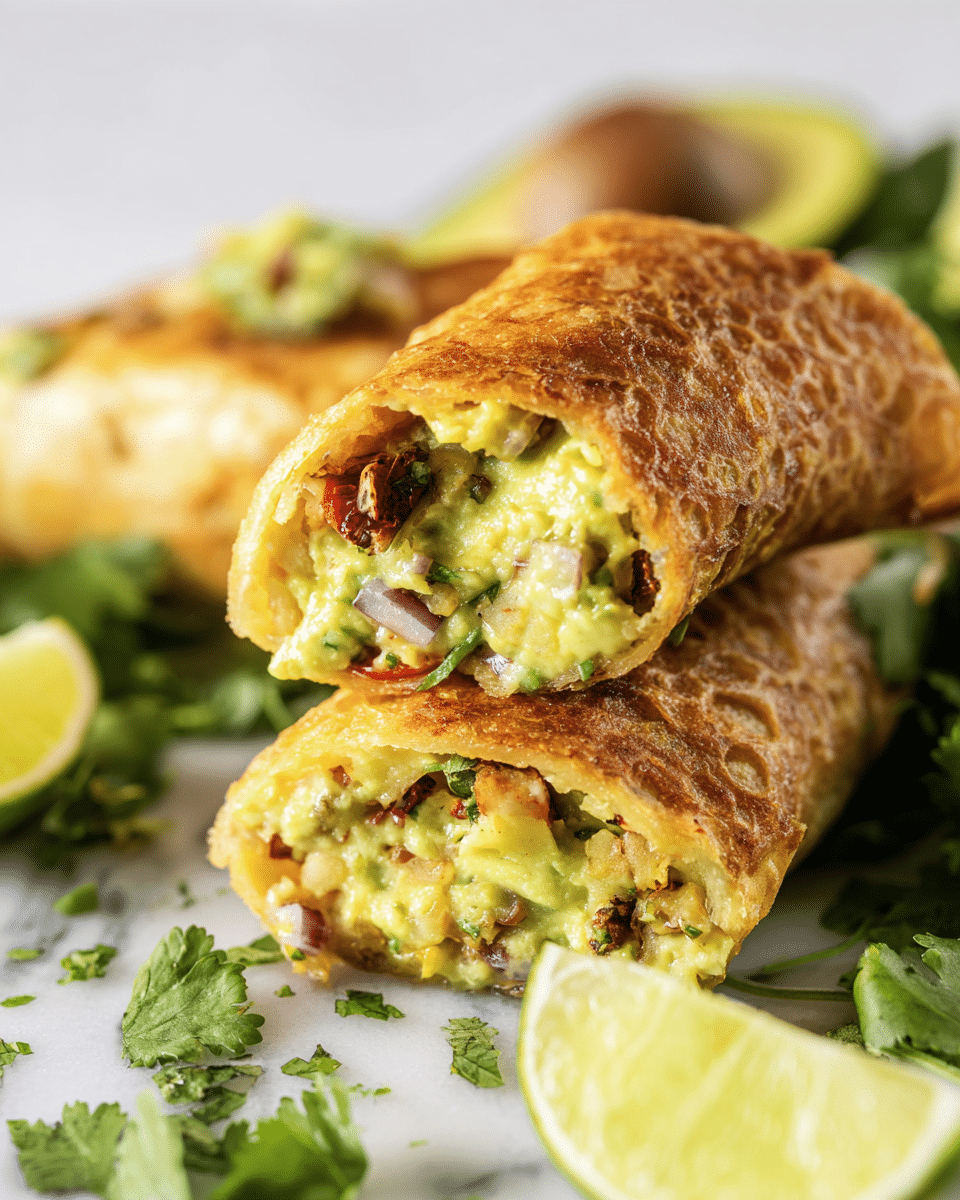 The image shows a close-up of two halves of a crispy golden-brown wrap with a bubbly texture on the outside, stacked on top of each other. The inside of the wrap is filled with three main layers: a base of soft guacamole with a creamy, chunky green texture; a middle layer of small red and purple bits, likely diced tomatoes and onions; and small specks of light green from herbs mixed throughout. Around the wrap are fresh, green cilantro leaves and a wedge of juicy lime, all placed on a white marbled surface. The background is softly blurred, highlighting the wrap fillings clearly. Photo taken with an iphone --ar 4:5 --v 7