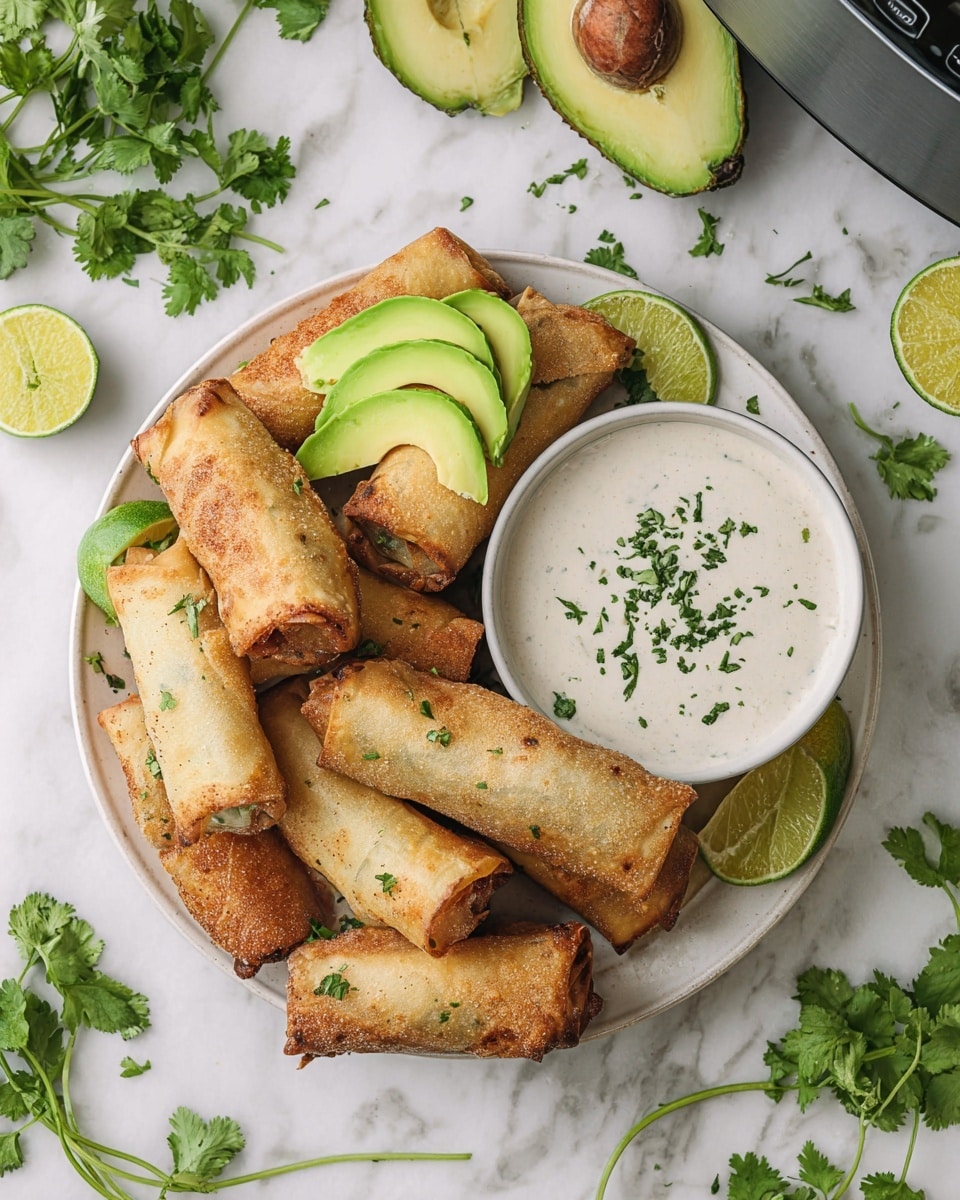 A round white plate holds a stack of golden-brown, crispy fried spring rolls, arranged in a casual pile with some overlapping. On top of some spring rolls are three thin slices of bright green avocado. Scattered green cilantro leaves and small lime wedges add fresh color around the rolls. In the center of the plate is a small bowl filled with creamy white dipping sauce speckled with herbs, garnished on top with finely chopped green herbs. The plate sits on a white marbled surface surrounded by fresh avocado halves, lime wedges, and sprigs of cilantro. Photo taken with an iphone --ar 4:5 --v 7
