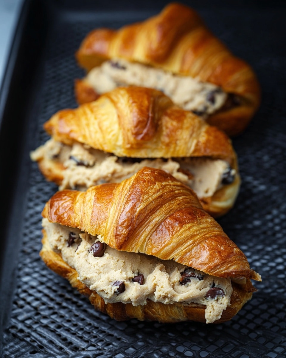 The image shows three golden brown croissants each filled and topped with a thick, light beige cookie dough mixed with small dark chocolate chips. The cookie dough layer is soft and slightly uneven, spilling over the croissant layers. The croissants have a flaky texture with a shiny, baked surface, folded to hold the cookie dough filling inside. They rest on a black perforated tray with the white marbled texture out of frame. Photo taken with an iphone --ar 4:5 --v 7