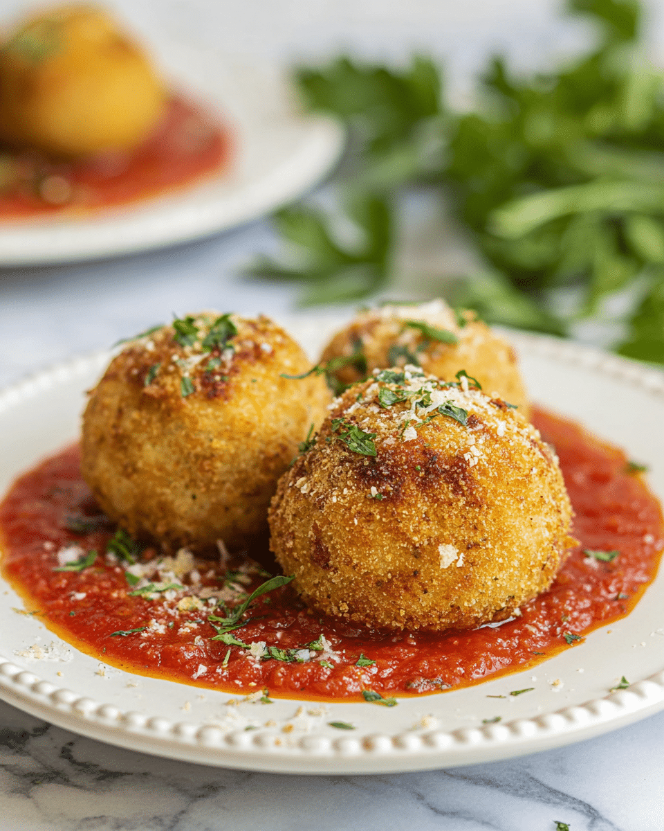 Three golden brown, round, crispy balls with a breadcrumb texture sit on a layer of bright red chunky tomato sauce, spread in a circle on a white plate with a beaded rim. The balls are sprinkled with small bits of grated cheese and finely chopped green herbs. In the background, fresh green parsley leaves are slightly blurred, adding a fresh contrast to the warm tones of the food. Another white plate with similar food is faintly visible in the back. The whole scene is placed on a white marbled surface. photo taken with an iphone --ar 4:5 --v 7