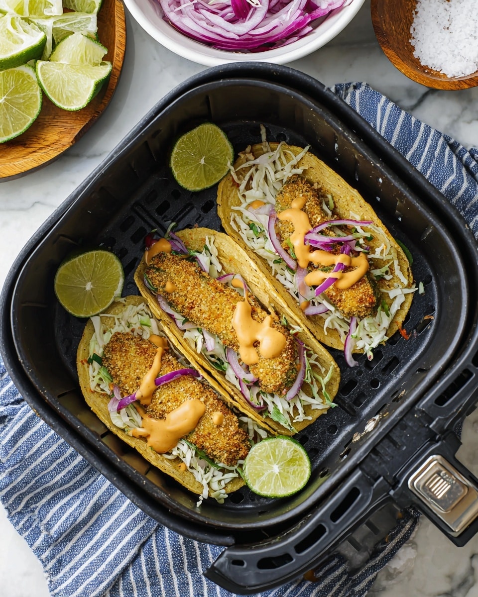 The image shows three small tacos inside a black air fryer basket, each taco made with a soft, light cream-colored tortilla. The base layer in each taco is a piece of crispy, golden-brown avocado with a crunchy coating. On top of the avocado, there is a layer of shredded white cabbage and thin slices of purple-red onion. The tacos are topped with a creamy, orange-colored sauce drizzled evenly over each one. Around the tacos in the basket, there are several lime wedges and extra pieces of the crispy avocado. To the side of the basket, there is a white bowl with purple-red onion slices and a wooden bowl with coarse white salt. The scene is set on a white marbled surface with a blue-striped cloth nearby. photo taken with an iphone --ar 4:5 --v 7