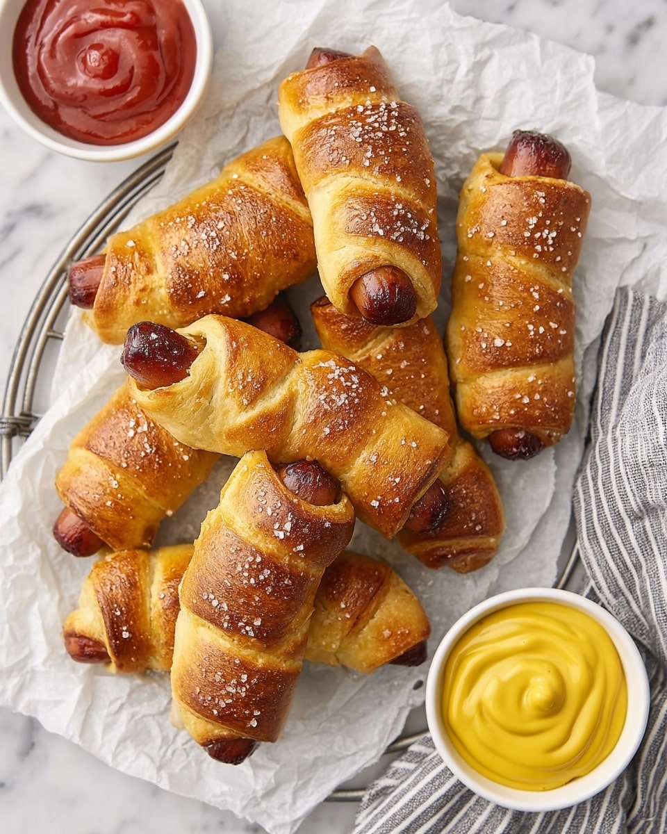 A pile of nine golden-brown pigs in a blanket is placed on crumpled white parchment paper on a cooling rack over a white marbled surface. Each pig in a blanket has a dark browned sausage wrapped in soft bread dough with a shiny, slightly uneven texture and coarse salt crystals sprinkled on top. The sausages peek out from both ends of the bread wrapping. On the top left corner, a white bowl filled with smooth red ketchup is partially visible, while on the bottom right, a white bowl with bright yellow mustard sauce sits close to the pile. A striped cloth is placed under the cooling rack on the right side. Photo taken with an iphone --ar 4:5 --v 7