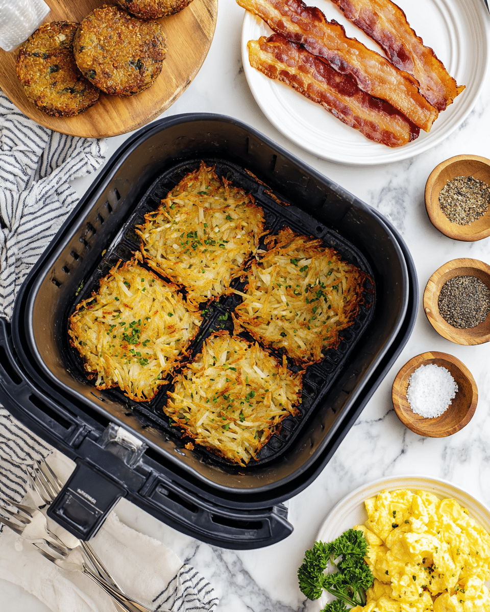 A close-up view of a golden-brown square hash brown piece being lifted by a metal spatula from inside a black air fryer basket. The hash brown shows a crispy, textured top layer of shredded, browned potatoes with some small green herb bits scattered throughout. The interior looks tender with pale yellow shredded potato strands. In the background, more hash brown squares rest in the air fryer basket. A white marbled surface underneath faintly appears, and a blurred plate with food is seen at the top edge. Photo taken with an iphone --ar 4:5 --v 7