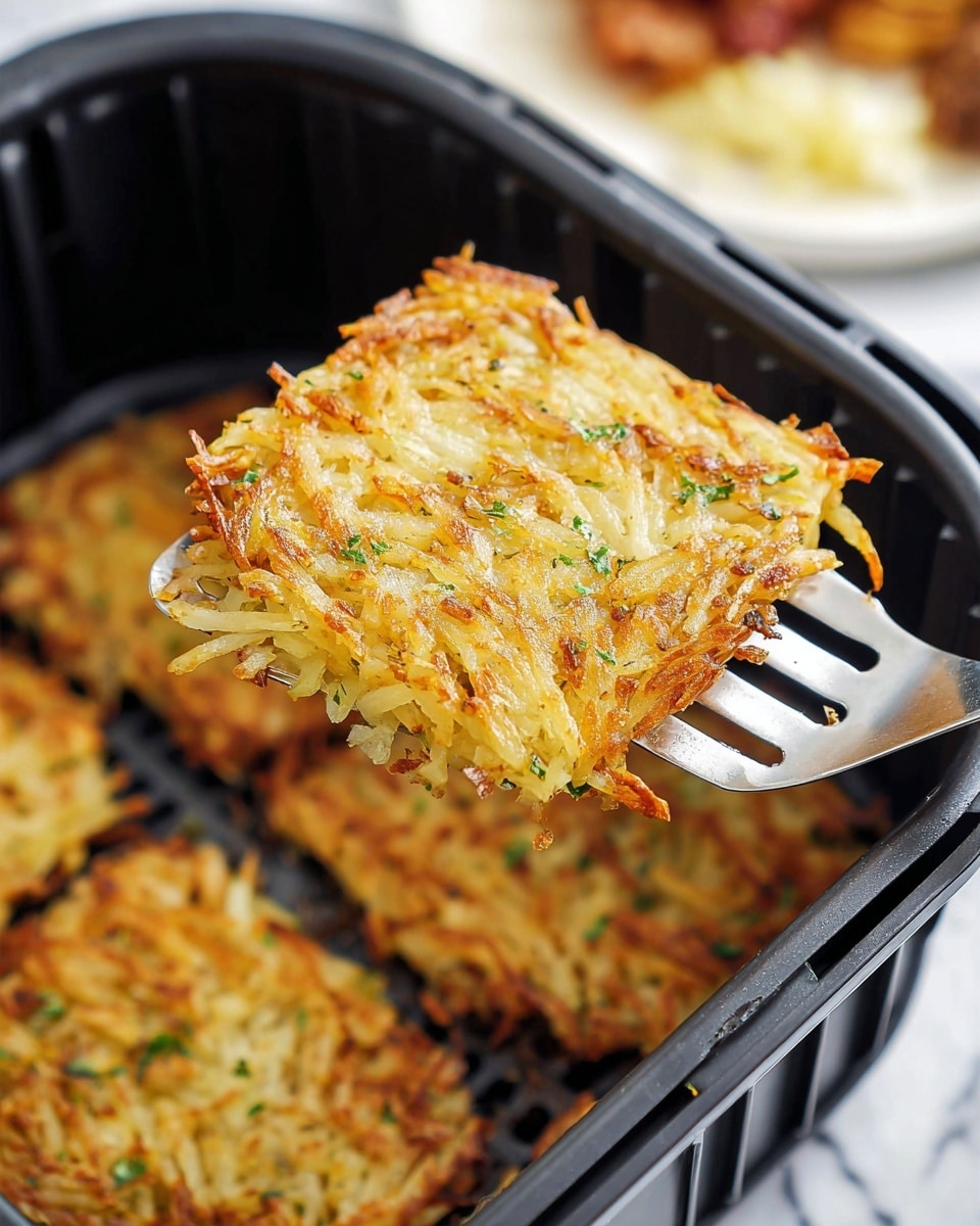 The image shows an air fryer basket with four golden-brown square hash brown patties inside, each with a crispy texture and shreds of potato visible, sprinkled lightly with green herbs on top. Above the basket, there is a white plate holding several thick strips of crispy bacon layered over three round, browned potato cakes. To the right side of the basket, there are small wooden bowls filled with black pepper and salt placed on a white marbled texture surface. Below the basket on the right, a white plate contains a portion of fluffy yellow scrambled eggs with green parsley garnish on the side. The setting includes striped cloth and silver cutlery, all placed on a white marbled texture background. Photo taken with an iphone --ar 4:5 --v 7