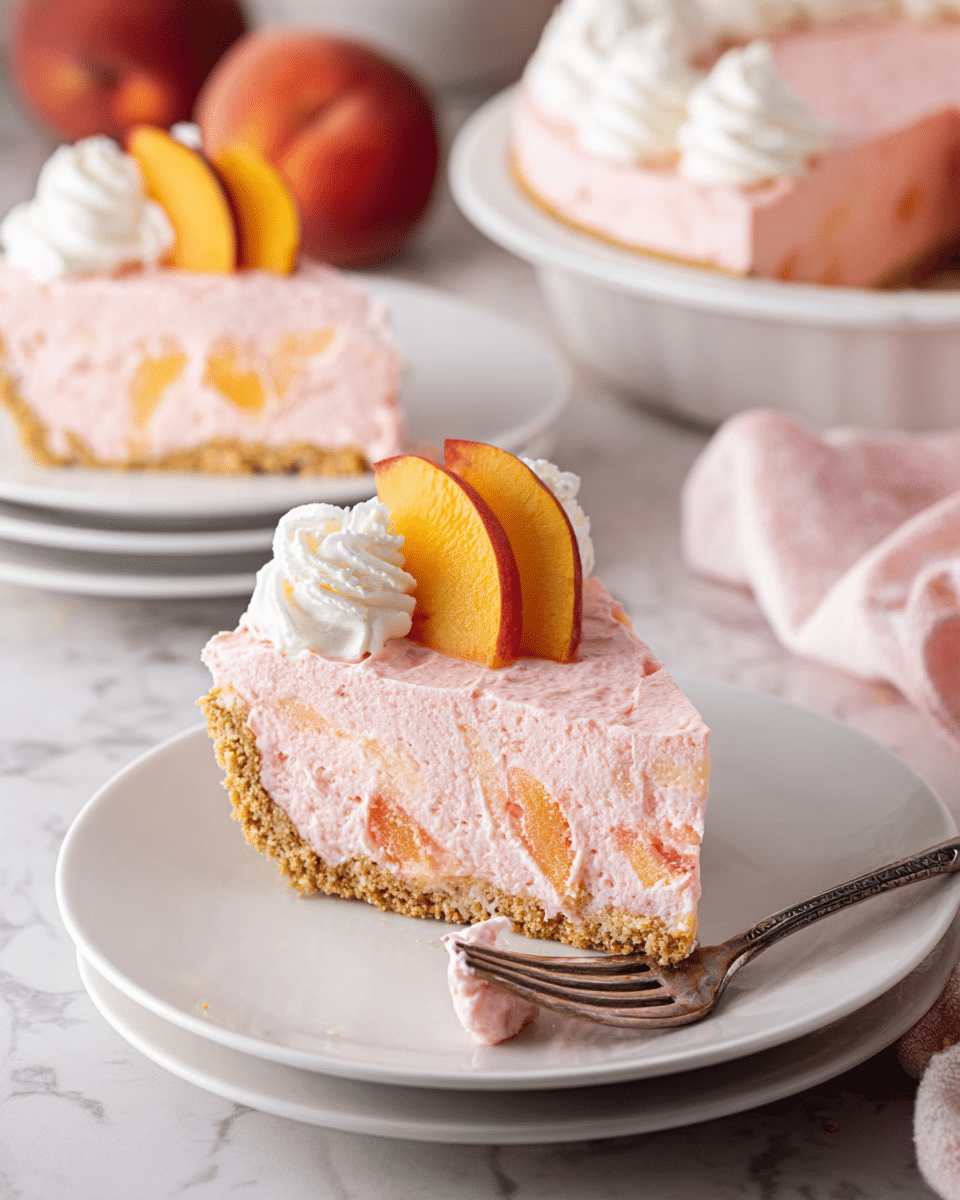 The image shows a slice of peach-colored mousse pie with three layers: a light brown crumbly crust at the bottom, a thick, creamy pink peach mousse with small peach pieces in the middle, and a small swirl of white whipped cream topped with a thin peach slice on top. The pie slice sits on a white plate placed on a white marbled texture. In the background, another pie slice with similar layers and decoration is on a white plate, along with a whole peach and a large pie dish filled with more peach mousse and whipped cream swirls. A silver fork holds a bite-sized piece of the pie near the front. Photo taken with an iphone --ar 4:5 --v 7