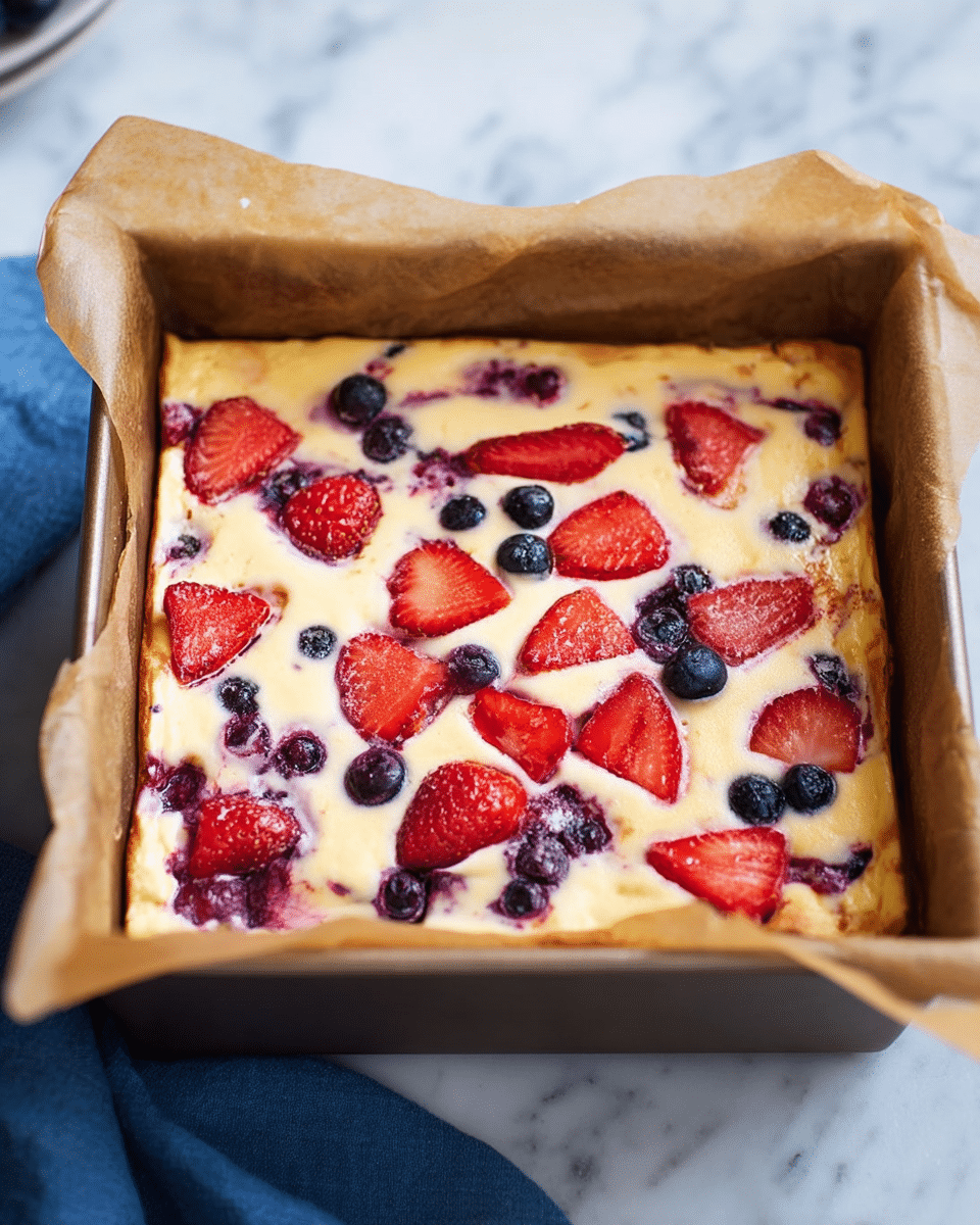 A square yellow cheesecake with a smooth, slightly browned top is cut into nine equal squares and placed in a white baking pan lined with brown parchment paper. The cake is dotted with vibrant red strawberry slices and small dark purple blueberries, some partially sunken into the creamy surface, adding color contrast. Around the pan are clear plastic containers, one filled with whole fresh blueberries and another with whole bright red strawberries. A dark blue cloth napkin is partly visible underneath the pan, all set on a white marbled surface. photo taken with an iphone --ar 4:5 --v 7