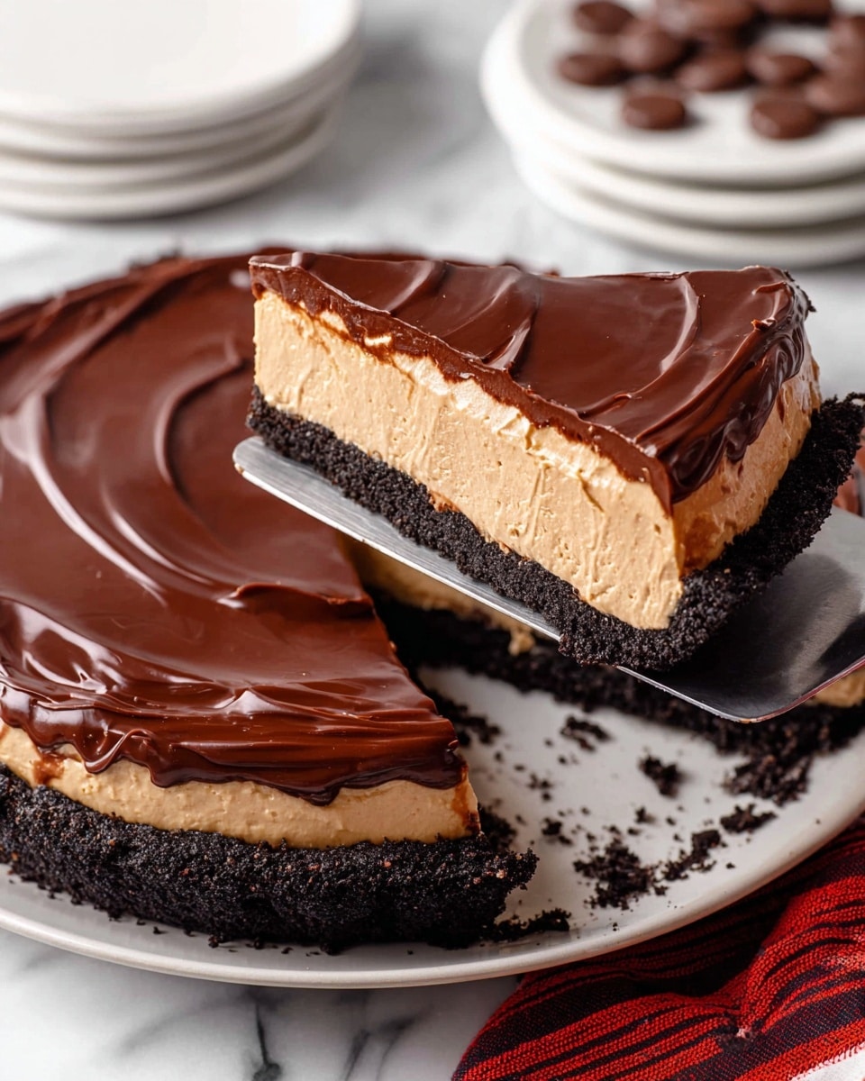 A sliced chocolate pie is shown on a white plate with a few chocolate crumbs around it, placed on a white marbled surface. The pie has three layers: a dark, crumbly chocolate crust at the bottom, a thick middle layer of light brown creamy filling, and a smooth, shiny dark chocolate ganache on top with subtle wave textures. A slice is being lifted by a metal spatula, showing the clean layers and the smooth top. In the background, white plates with small round chocolate pieces are visible, along with a red and black striped cloth. photo taken with an iphone --ar 4:5 --v 7