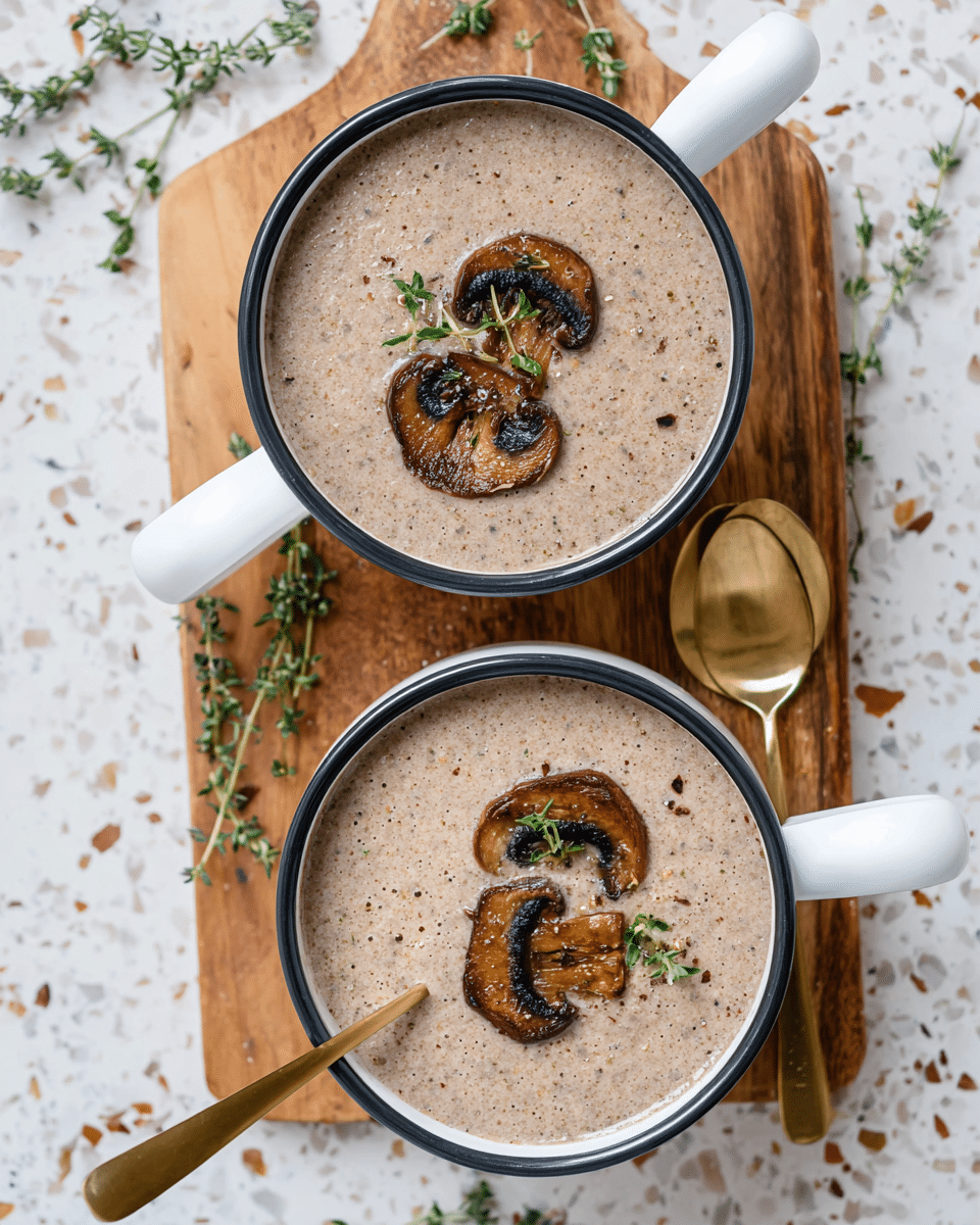 Two white bowls each filled with creamy light brown mushroom soup, topped with two to three browned mushroom slices and small green herb sprigs, centered in each bowl. The bowls have black rims and white handles, holding two gold spoons resting inside the bowls on opposite sides. They sit on a wooden board with scattered green herbs around the board on a white marbled surface with small dark and tan specks visible. photo taken with an iphone --ar 4:5 --v 7