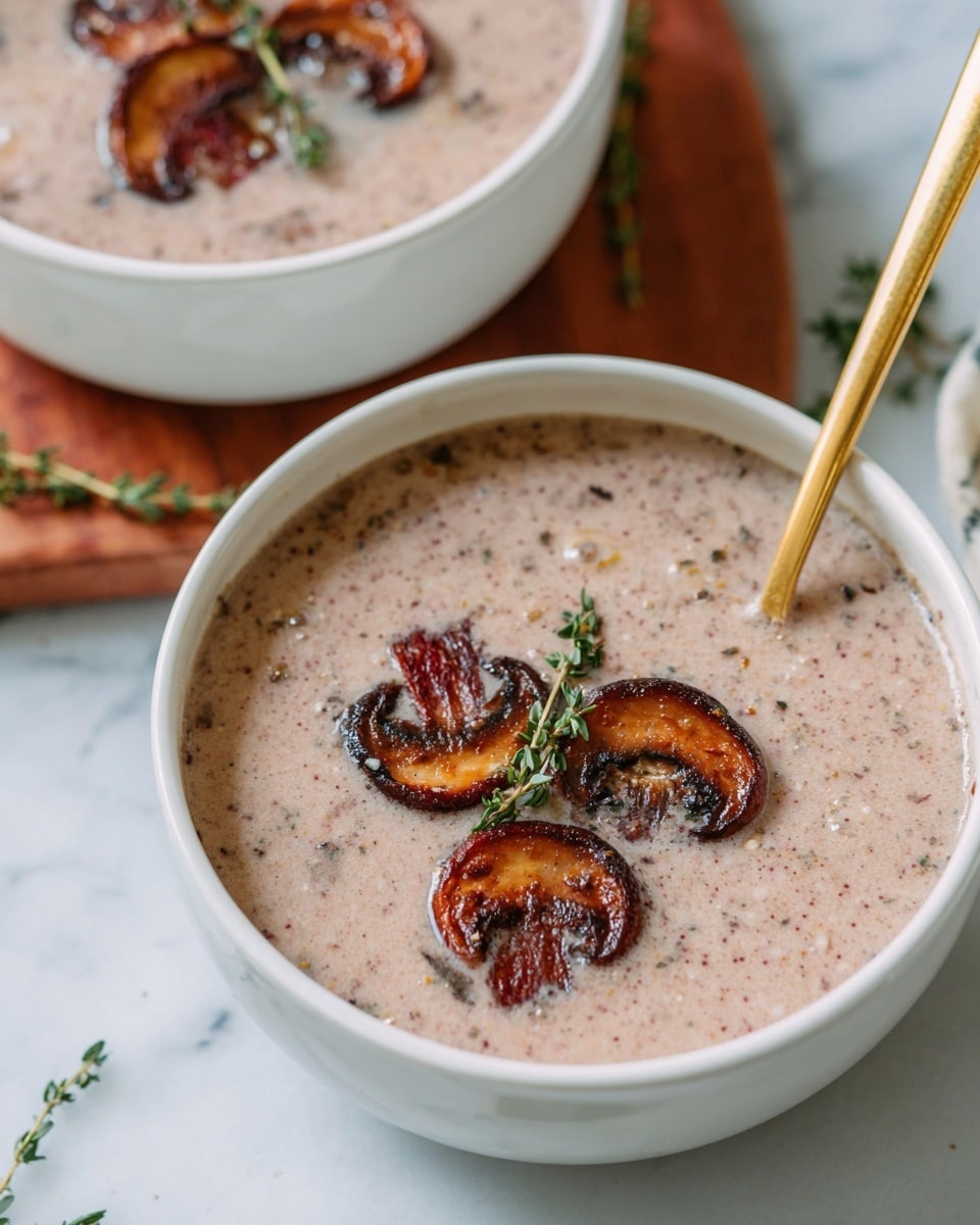 Two white bowls filled with creamy light brown mushroom soup are shown on a white marbled surface with a wooden board underneath one bowl. Each bowl has a smooth soup base with small mushroom bits mixed throughout. On top of the soup, there are three browned, cooked mushroom slices arranged around the center, where a small sprig of fresh green thyme lies. One bowl has a golden spoon resting inside it, adding a warm metallic touch. The lighting is soft, highlighting the smooth texture and earthy colors of the soup. Photo taken with an iphone --ar 4:5 --v 7